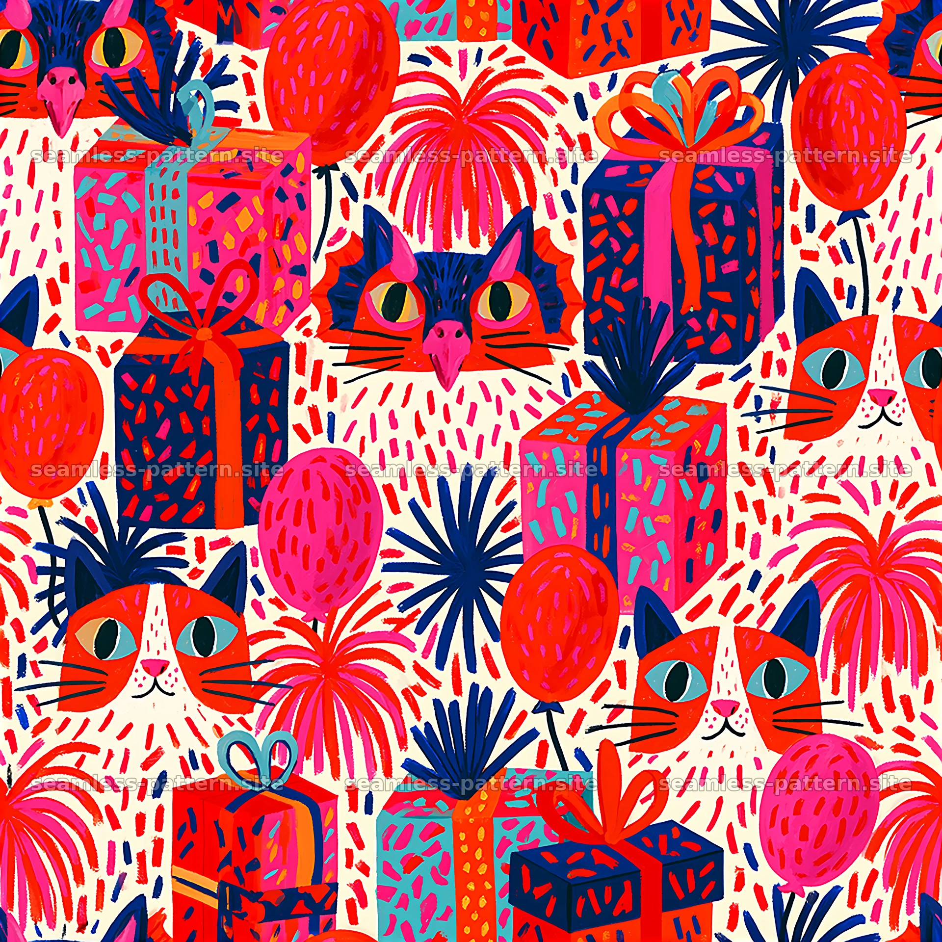 Colorful seamless pattern featuring cats, gifts, and balloons — seamless tileable pattern at 8192x8192