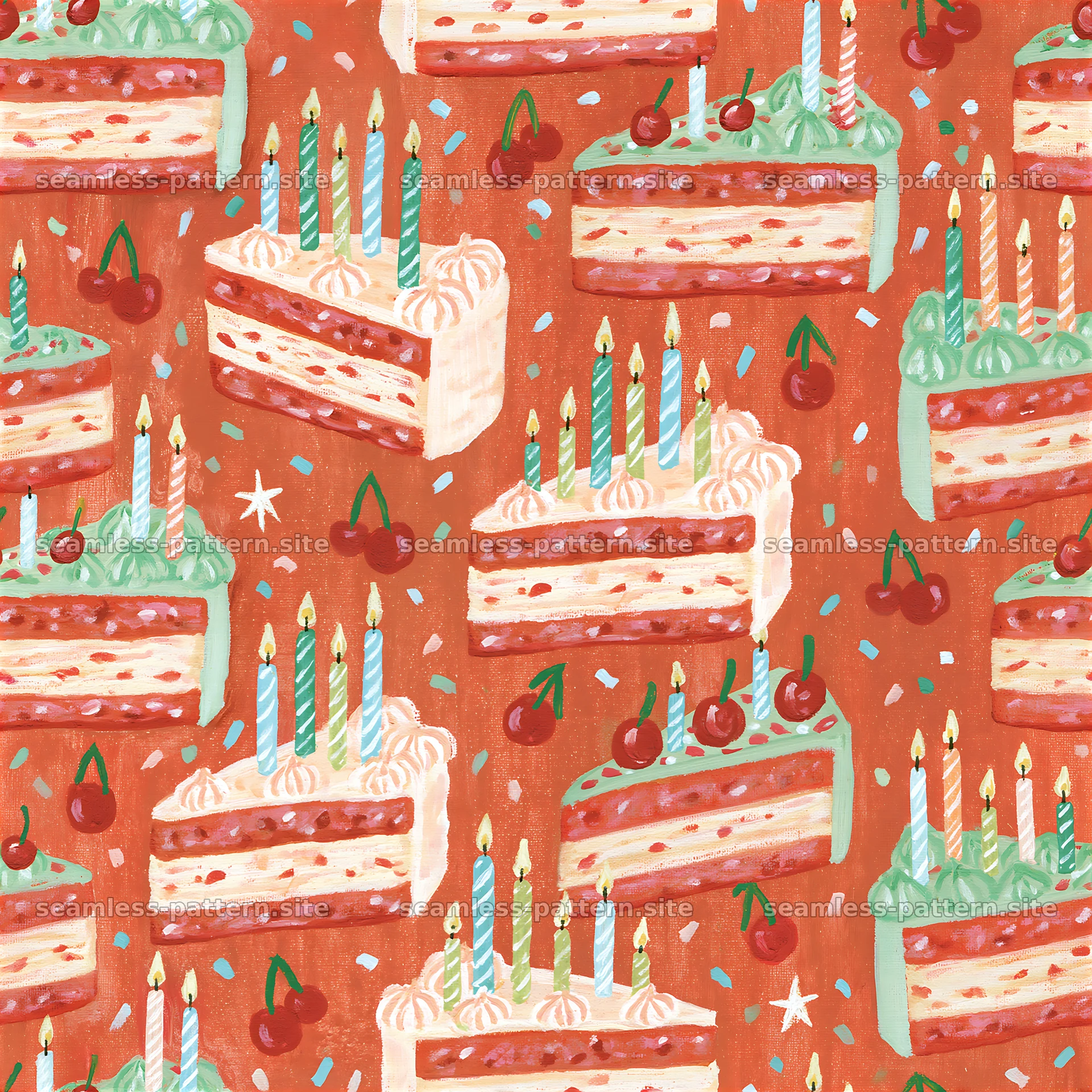 Colorful cake slices with candles and cherries on texture — seamless tileable pattern at 8192x8192