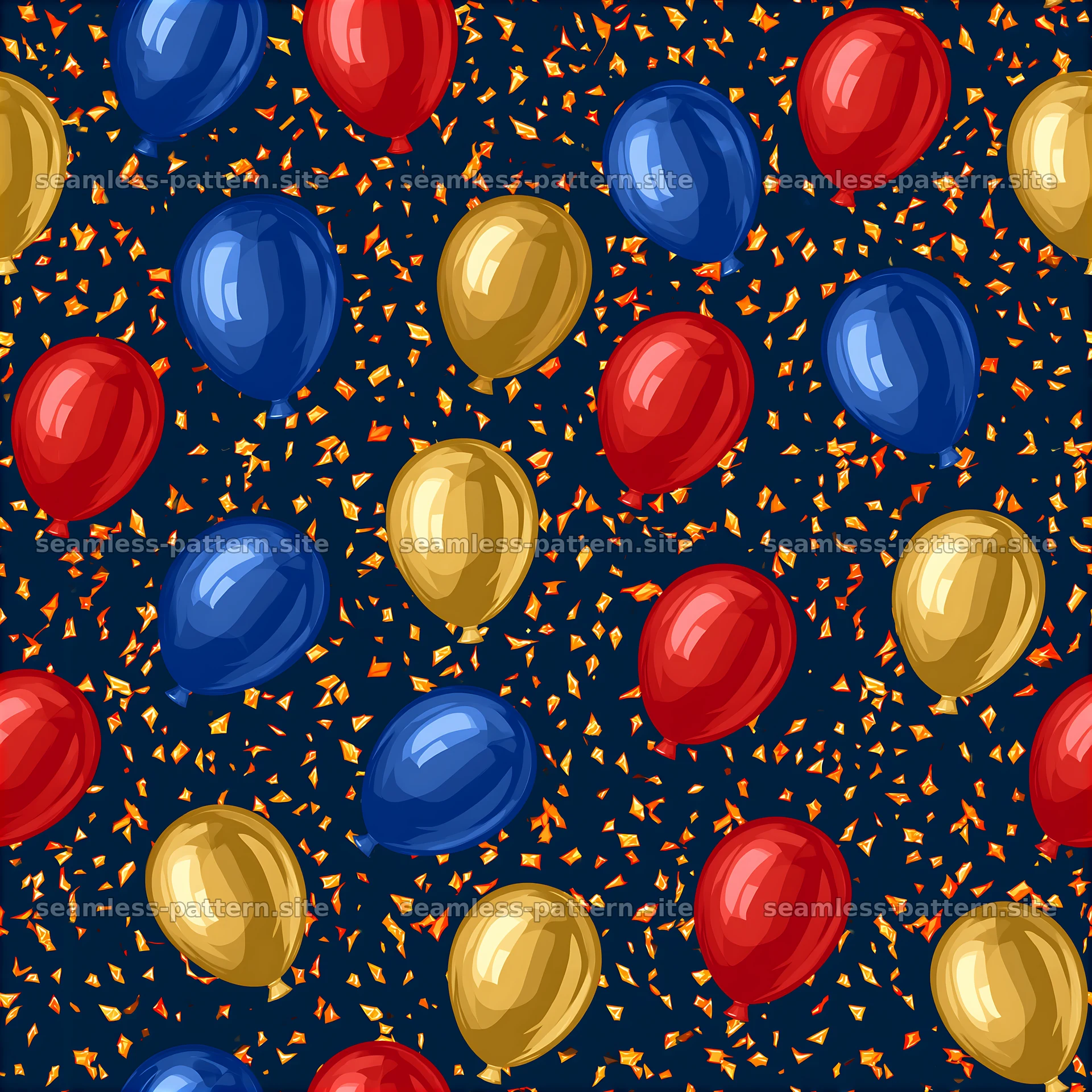 Seamless pattern of metallic balloons and confetti — seamless tileable pattern at 8192x8192