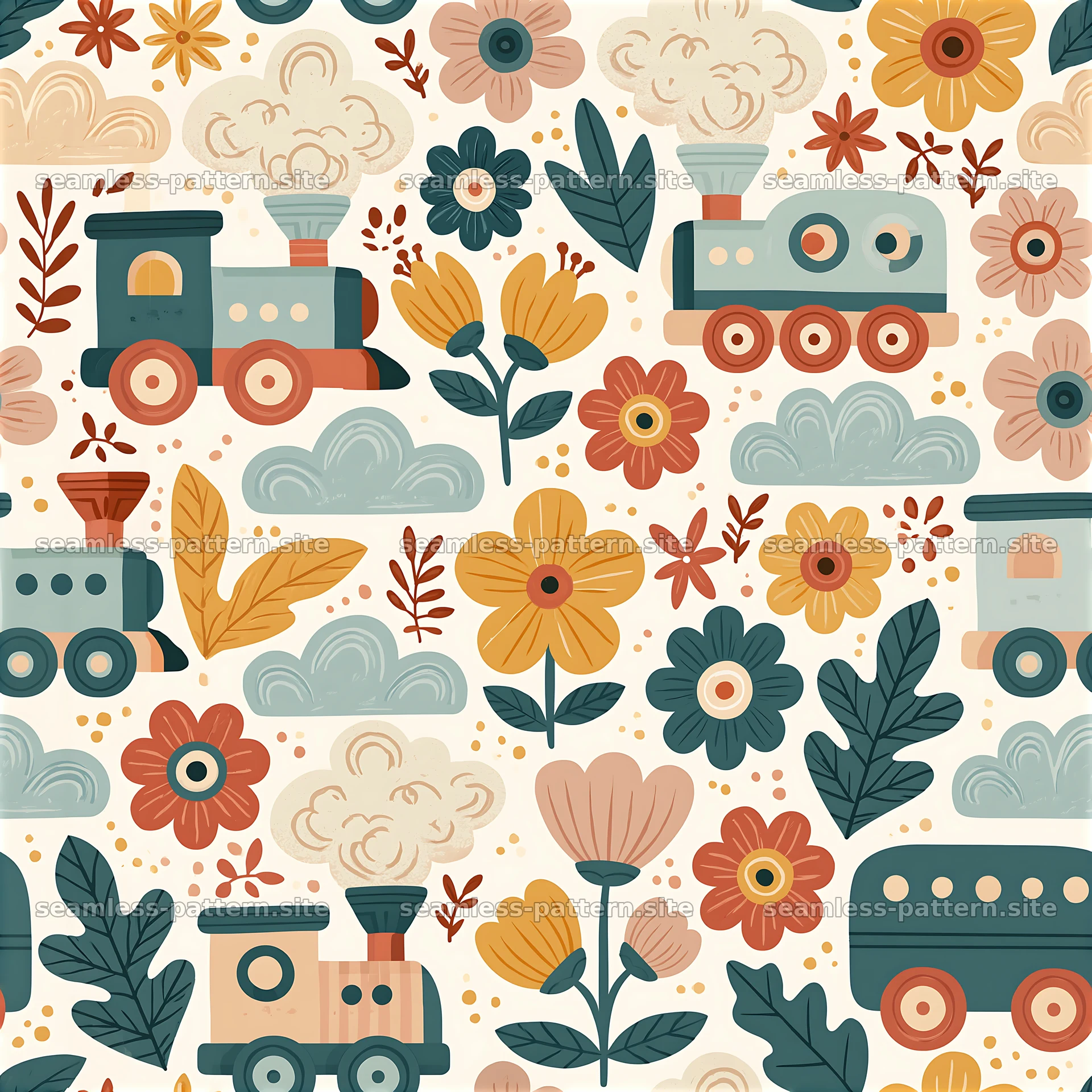 Floral Train Seamless Pattern for Kids — seamless tileable pattern at 8192x8192