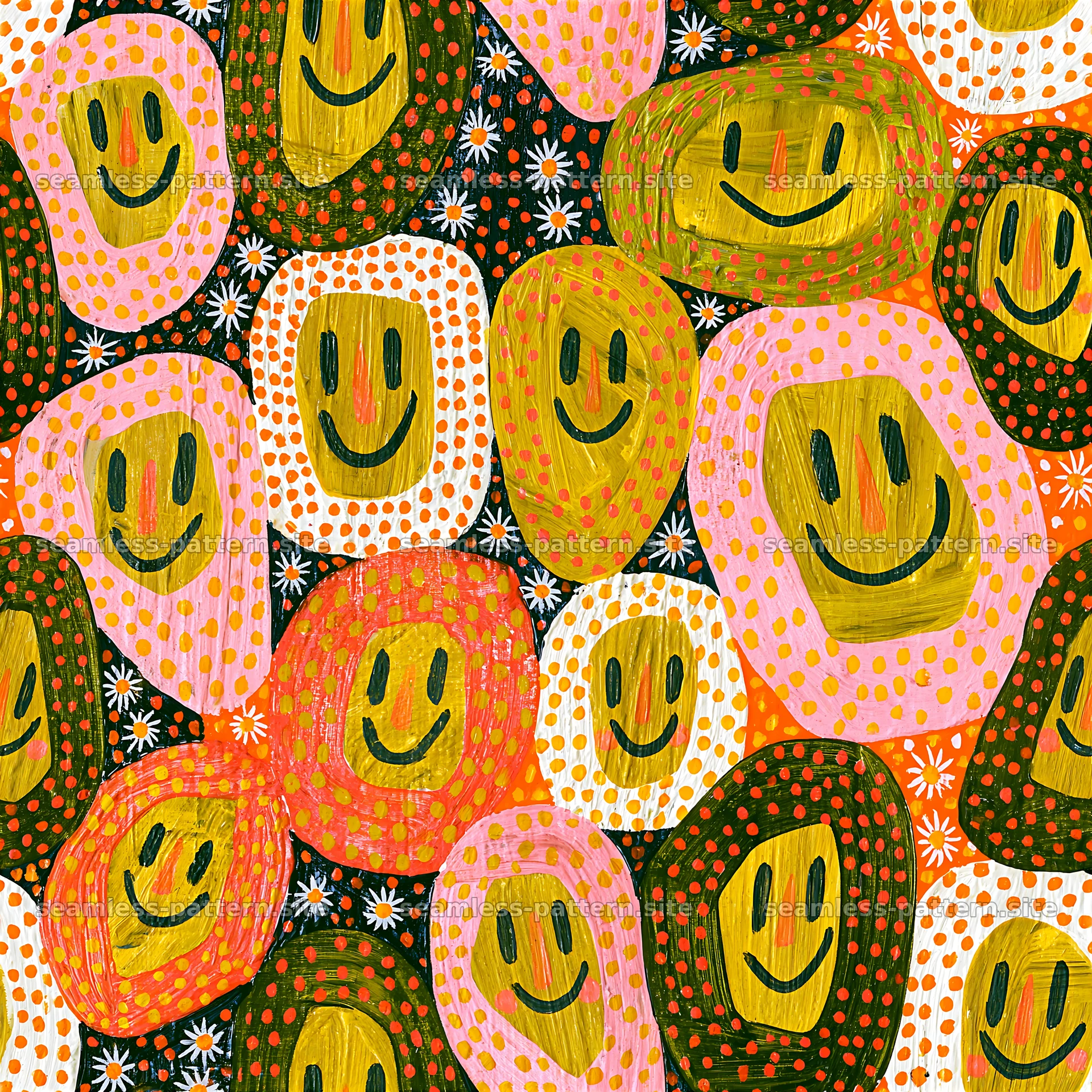 Colorful smiley face seamless pattern design with cheerful elements — seamless tileable pattern at 8192x8192