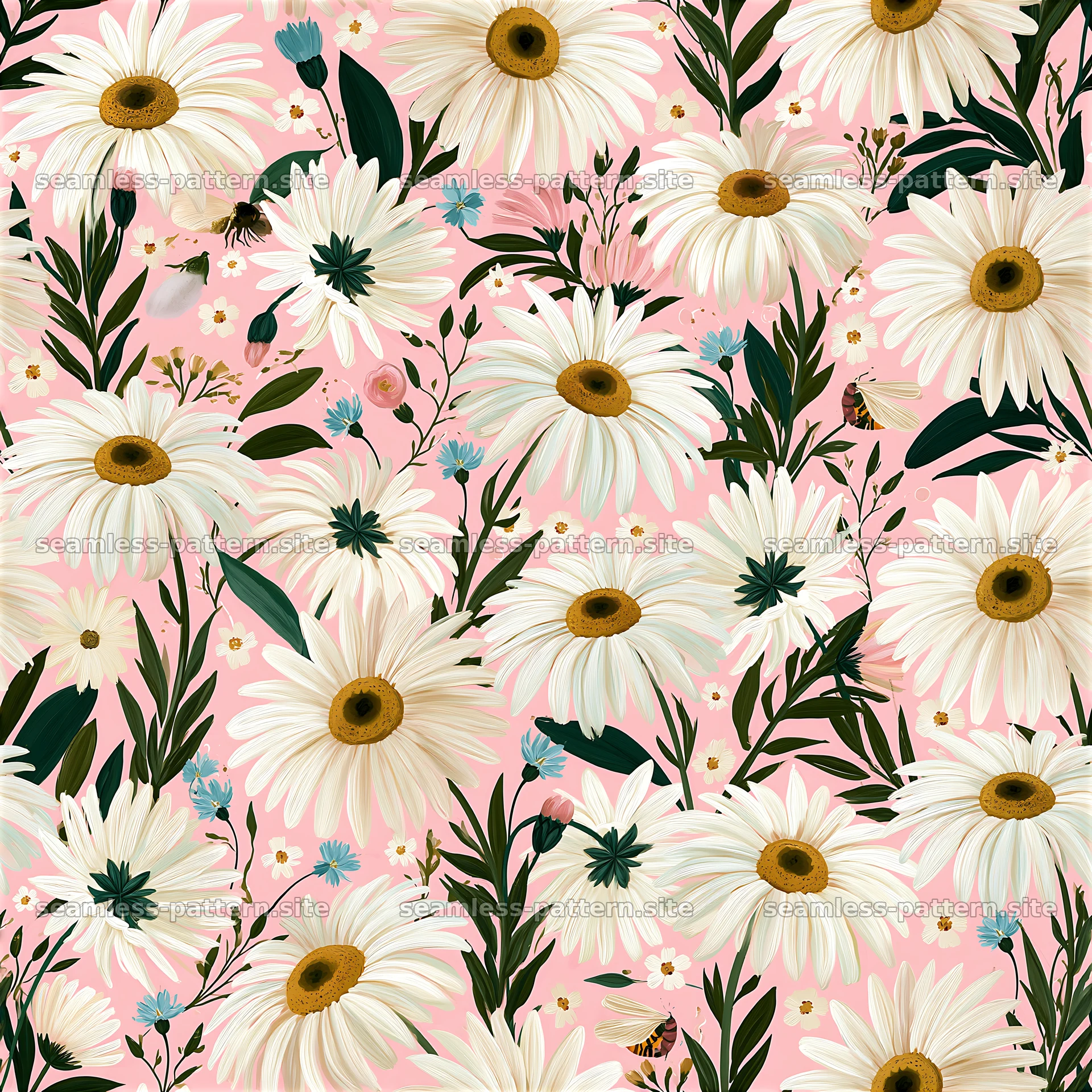 Colorful flower pattern with daisies and greenery on pink background — seamless tileable pattern at 8192x8192