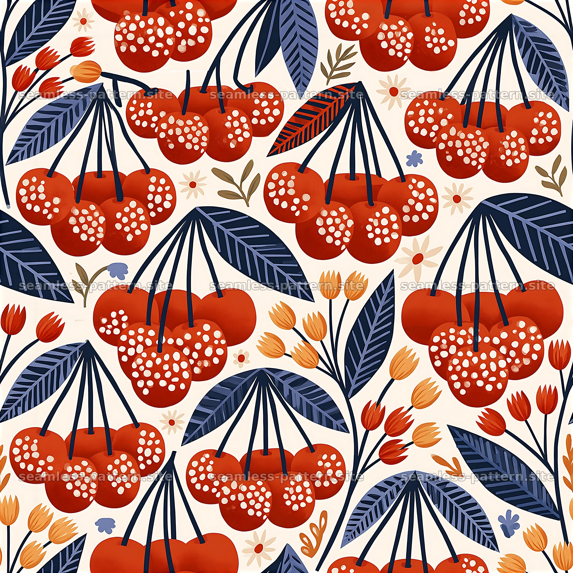 Colorful cherry and botanical seamless pattern — seamless tileable pattern at 8192x8192
