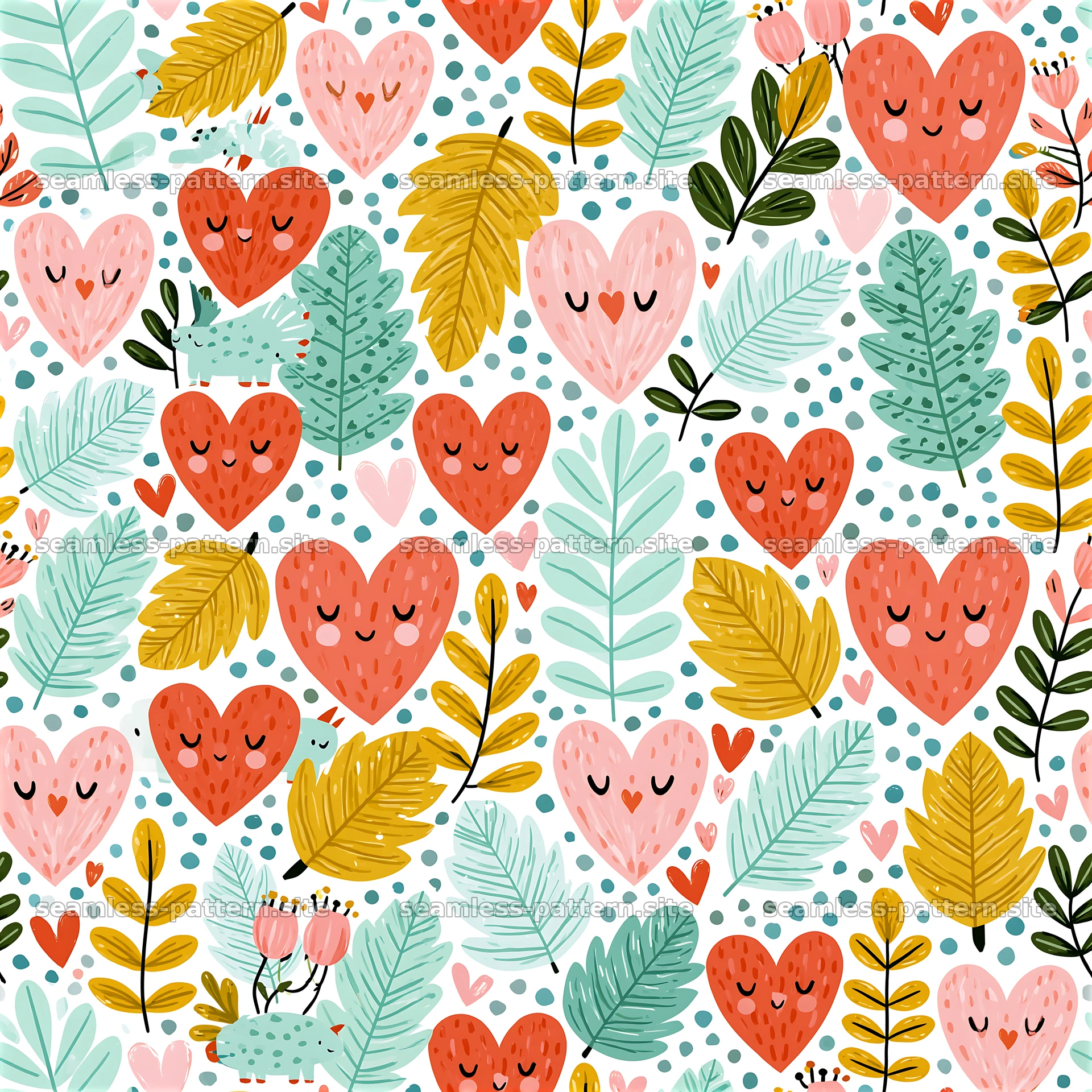 Repeating heart and botanical seamless pattern — seamless tileable pattern at 8192x8192