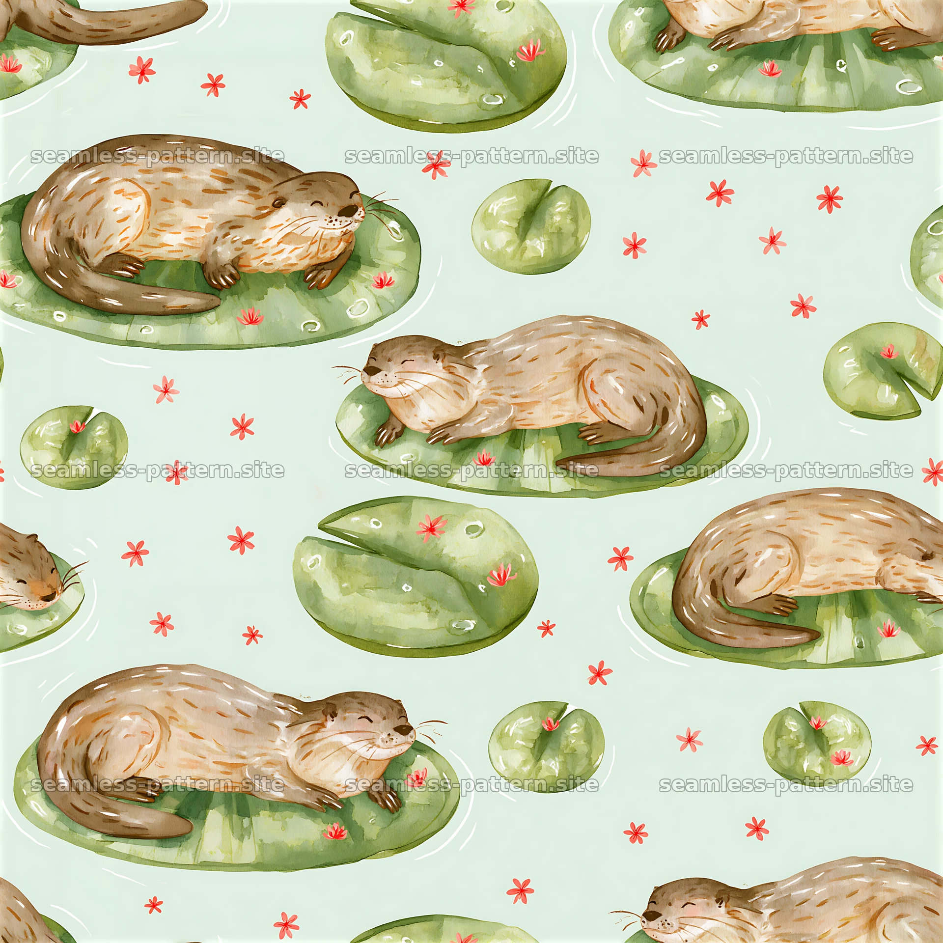 Cute otter seamless pattern with lily pads and flowers in soft colors — seamless tileable pattern at 8192x8192