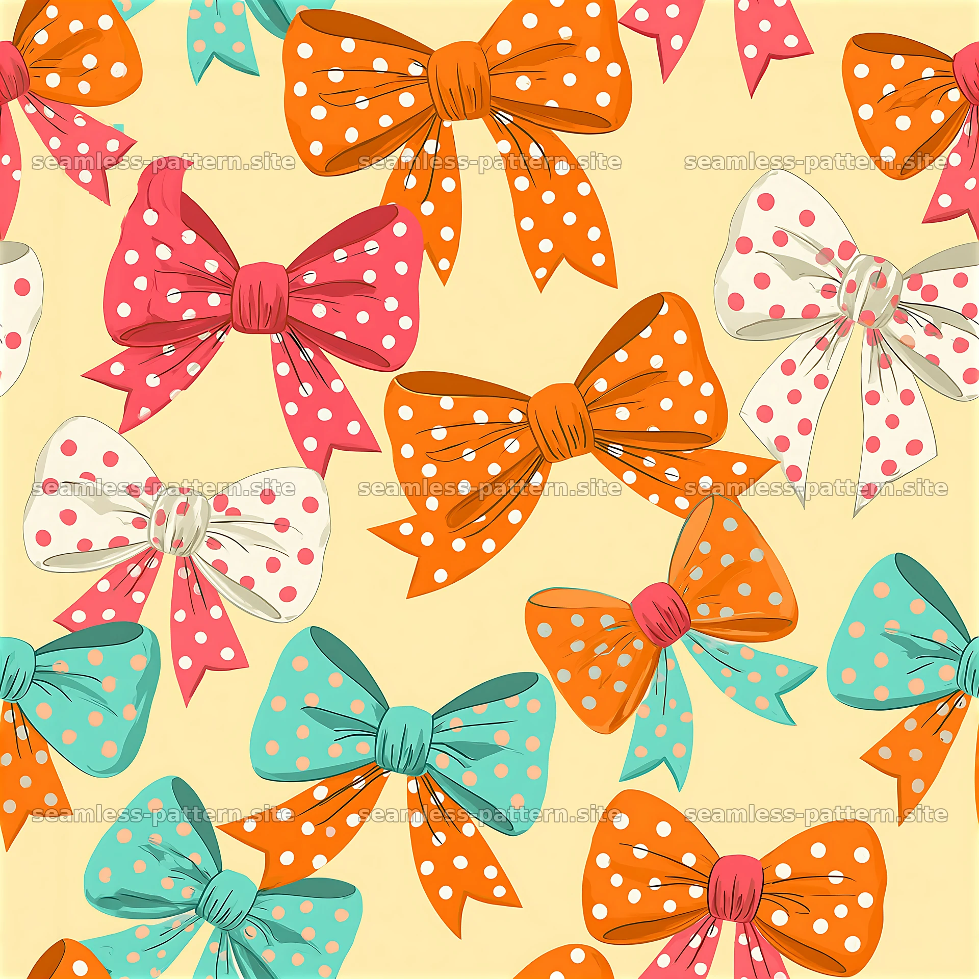 Colorful bows and ribbons on a light background in seamless pattern — seamless tileable pattern at 8192x8192