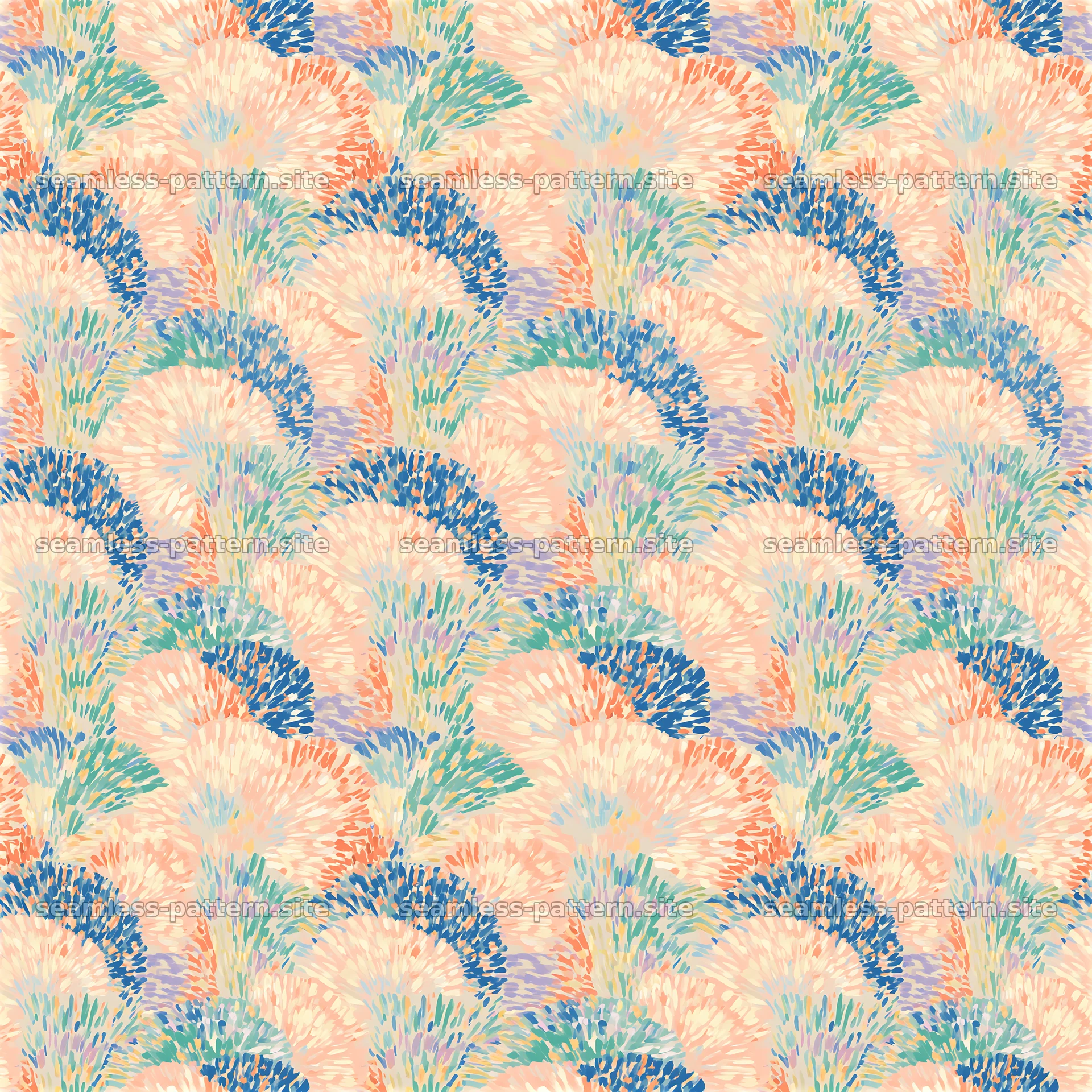 Colorful abstract seamless pattern with fan motifs in soft colors — seamless tileable pattern at 8192x8192