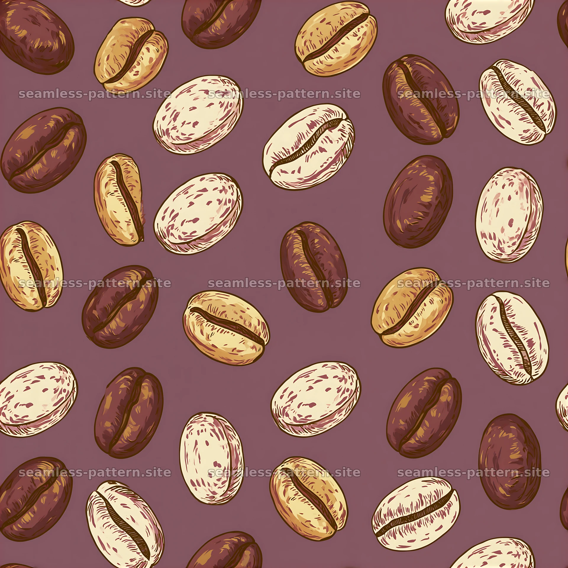 Seamless coffee bean pattern with various coffee bean types — seamless tileable pattern at 8192x8192