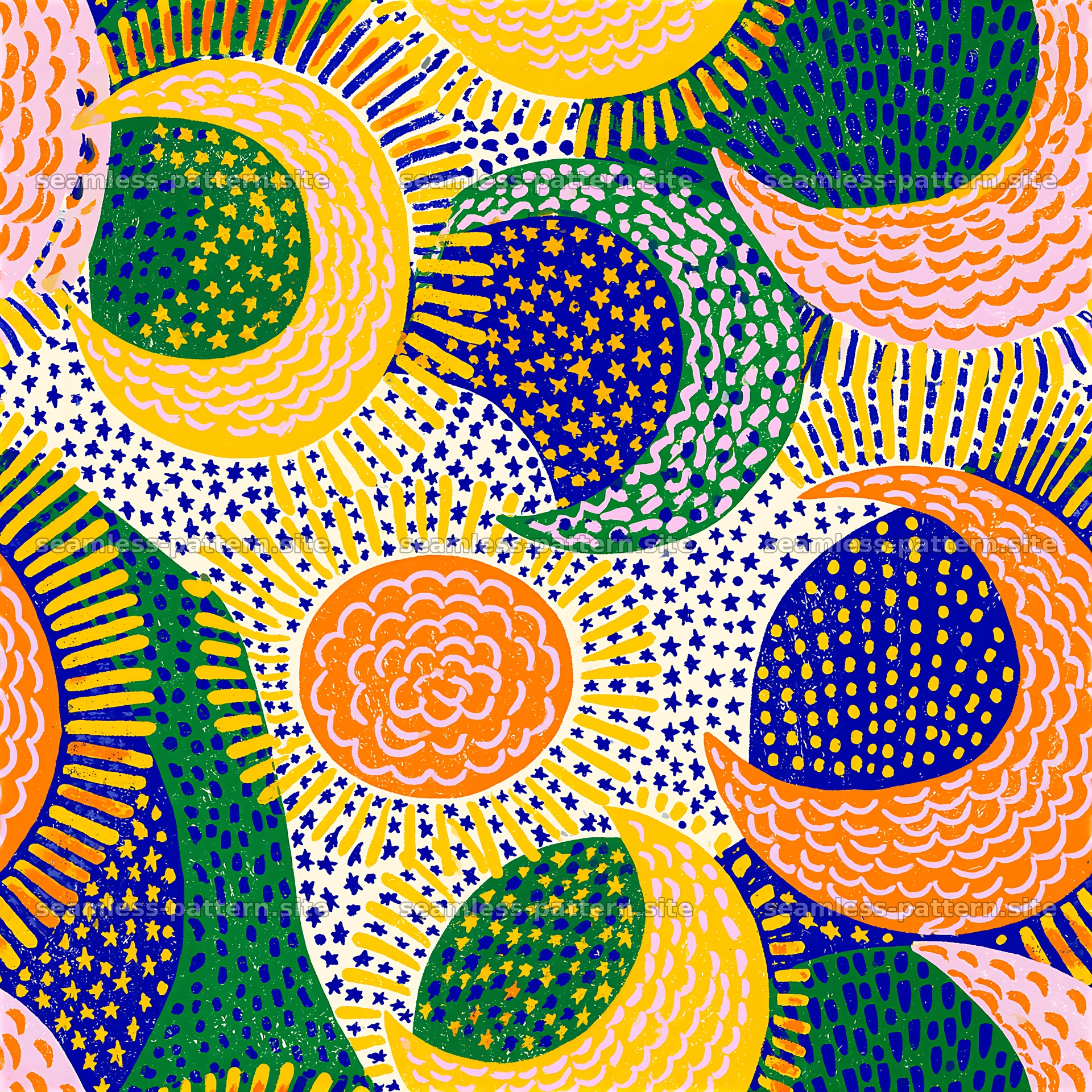 Colorful celestial seamless pattern with moons and stars — seamless tileable pattern at 8192x8192