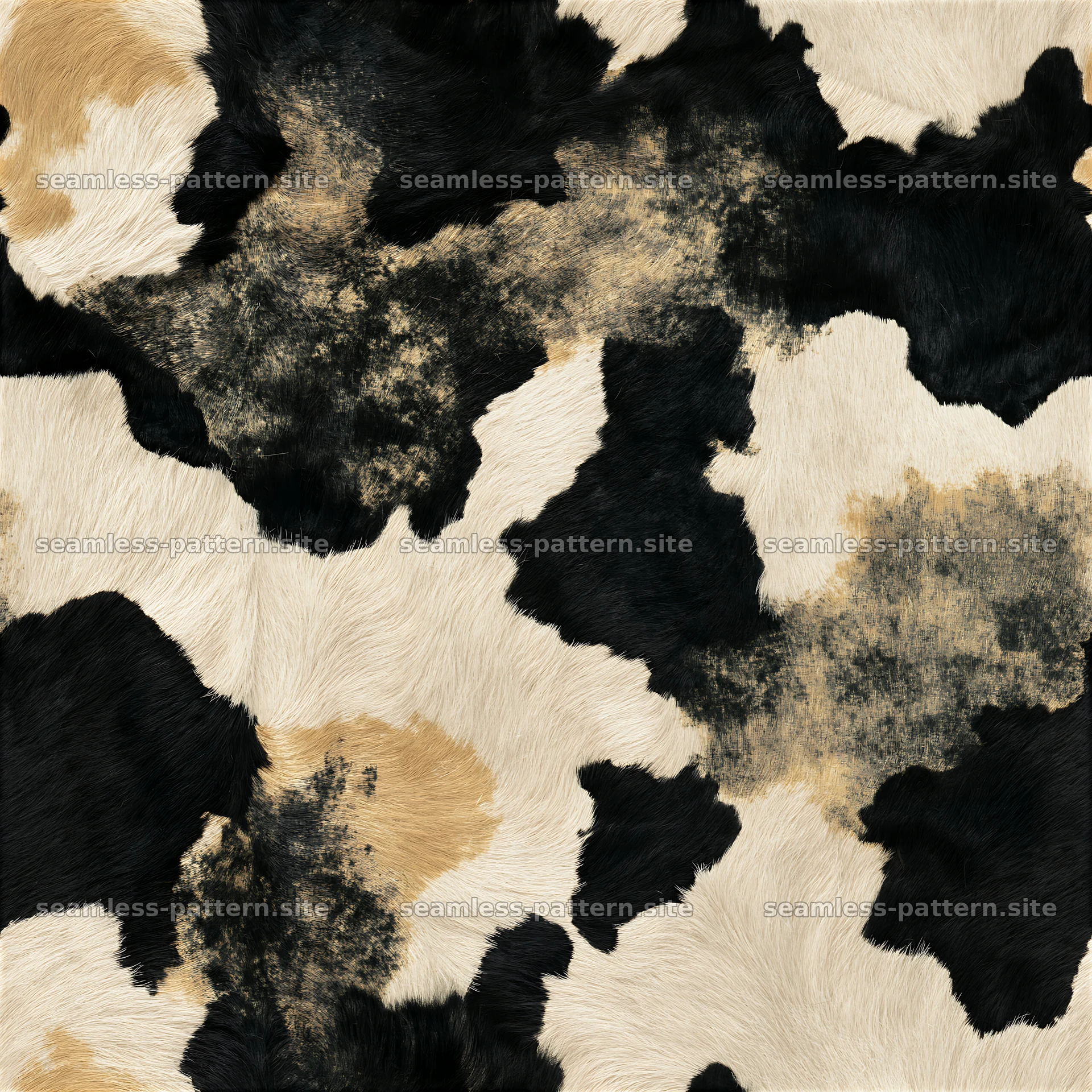 Seamless farmhouse cowhide texture in black and cream colors — seamless tileable pattern at 8192x8192