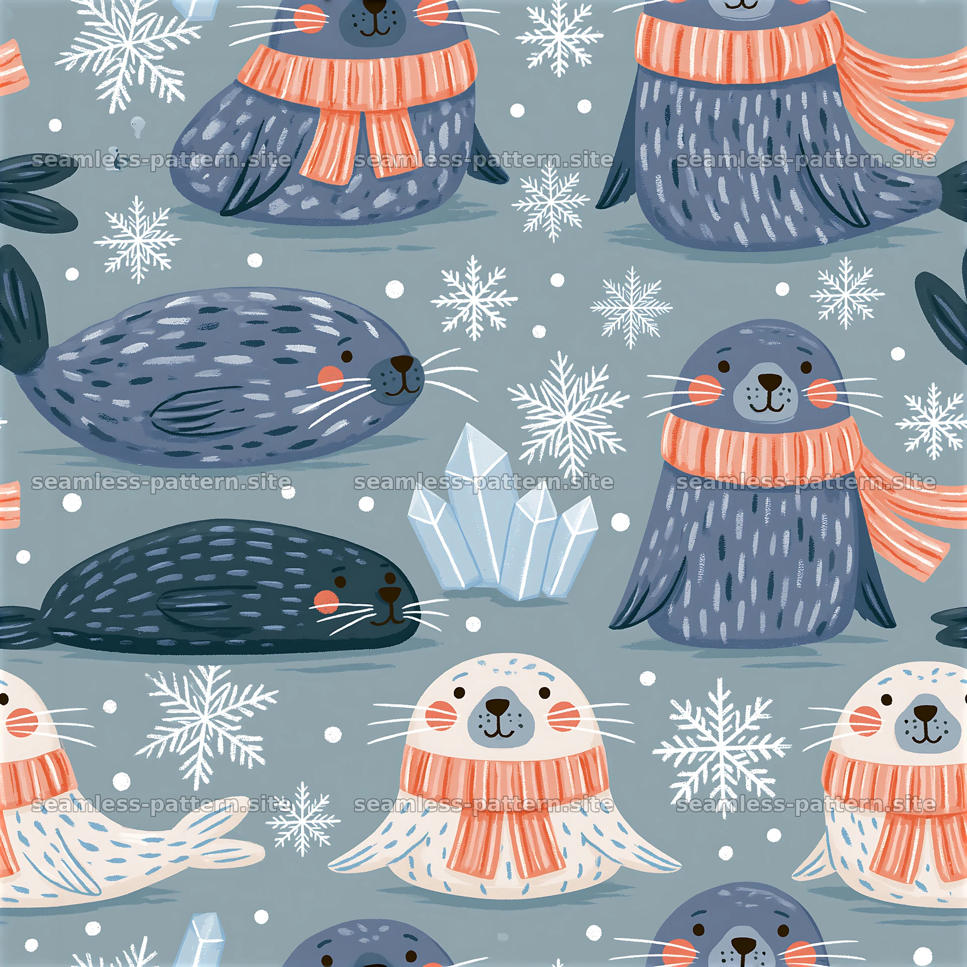 Cute seals in scarves on a blue background for fabric design — seamless tileable pattern at 8192x8192