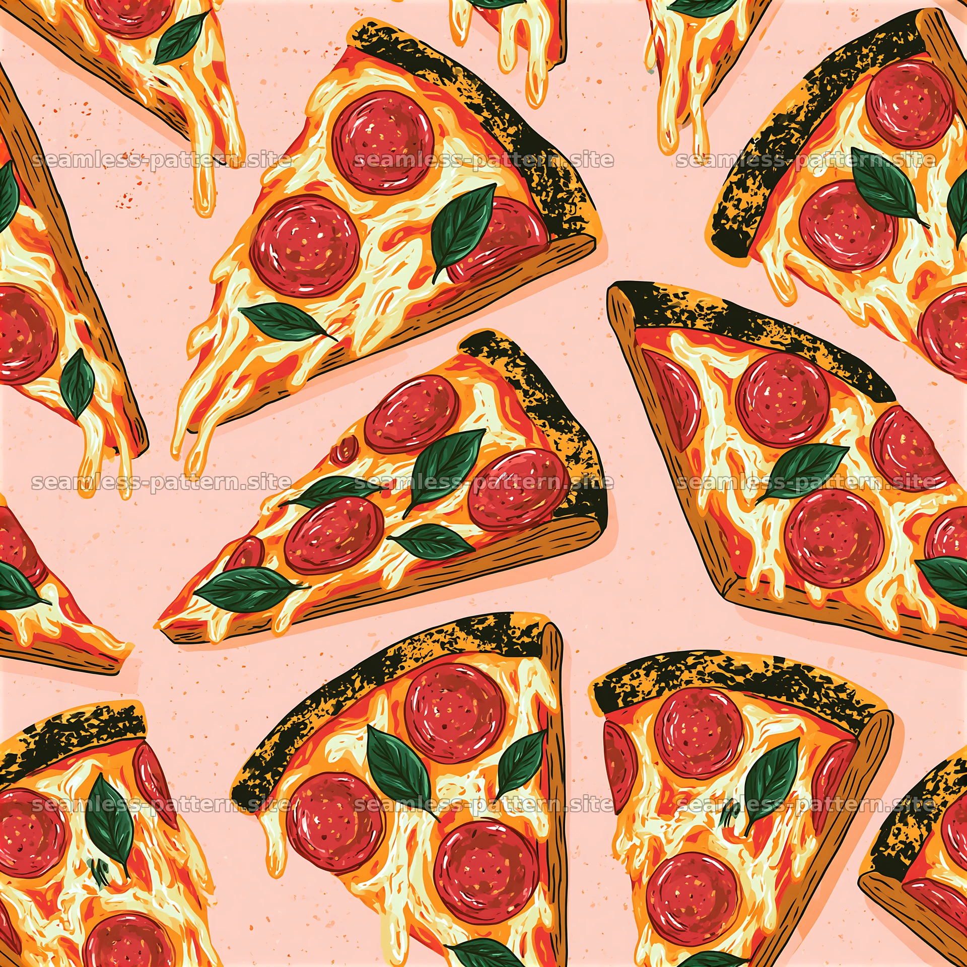 Bold pizza slices on a light pink background — seamless tileable pattern at 8192x8192