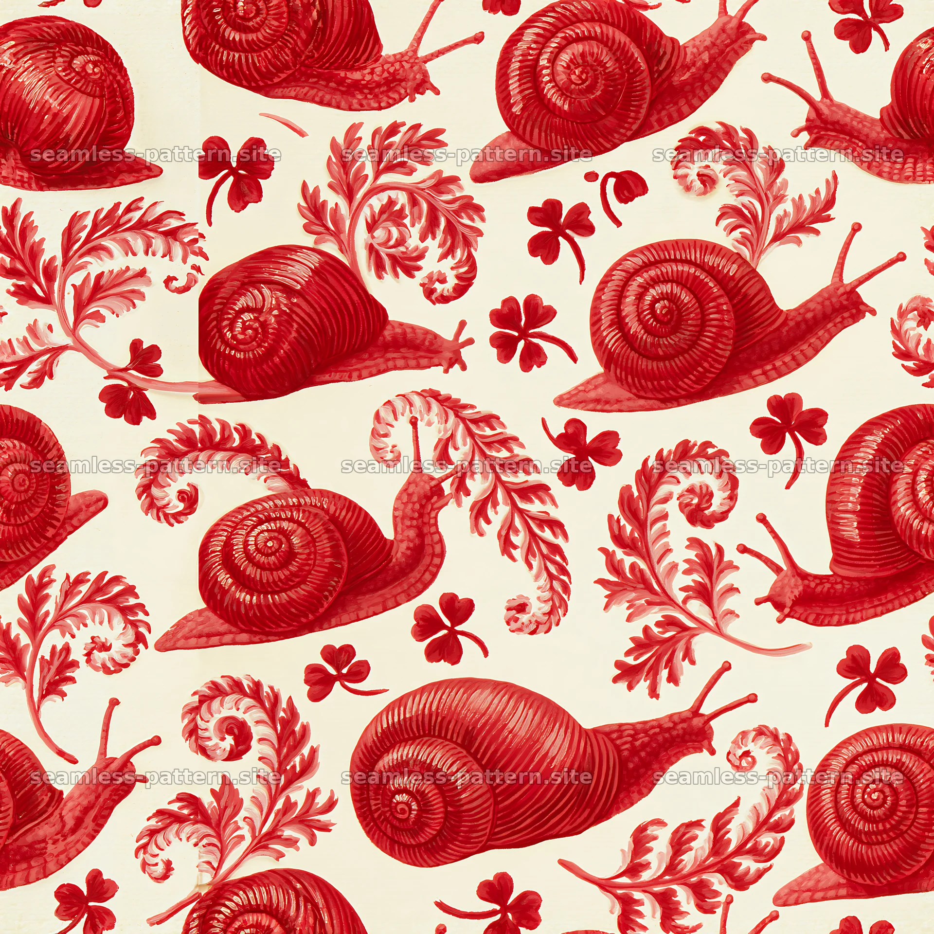 Red garden snail repeat pattern for fabric and wallpaper — seamless tileable pattern