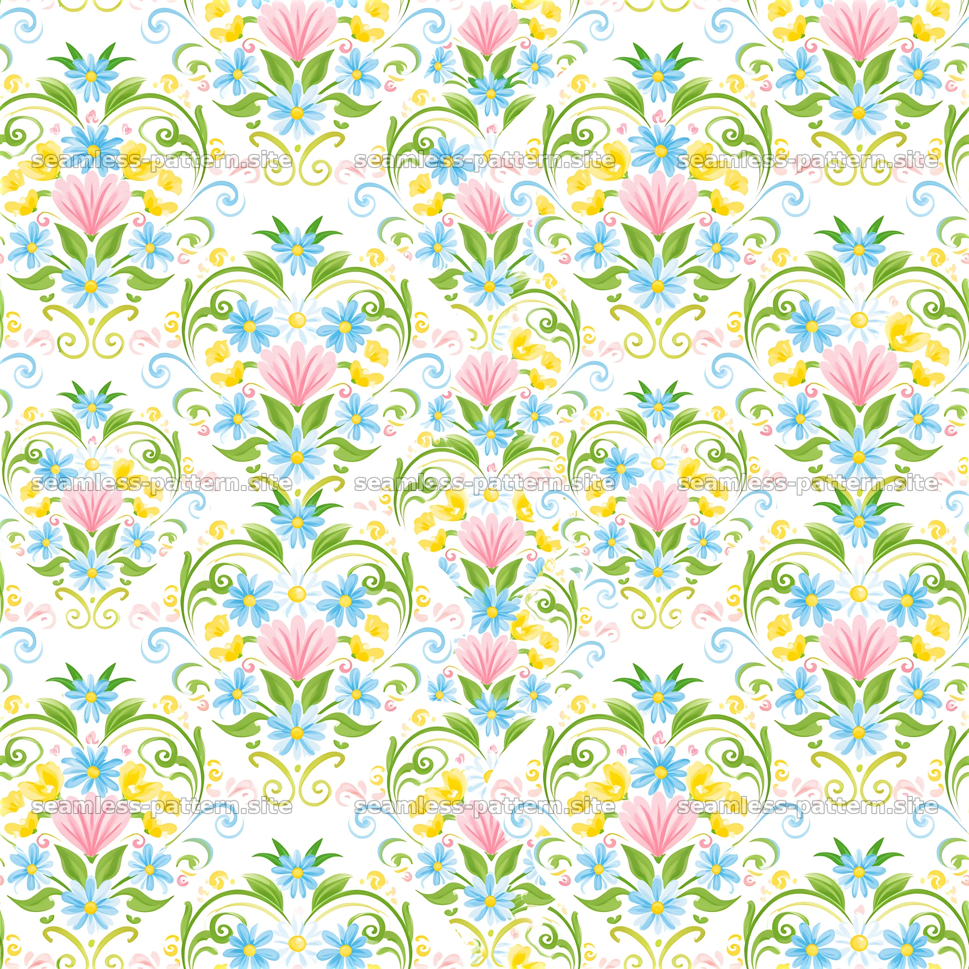 Floral heart medallions repeat pattern with colorful flowers and swirls — seamless tileable pattern at 8192x8192