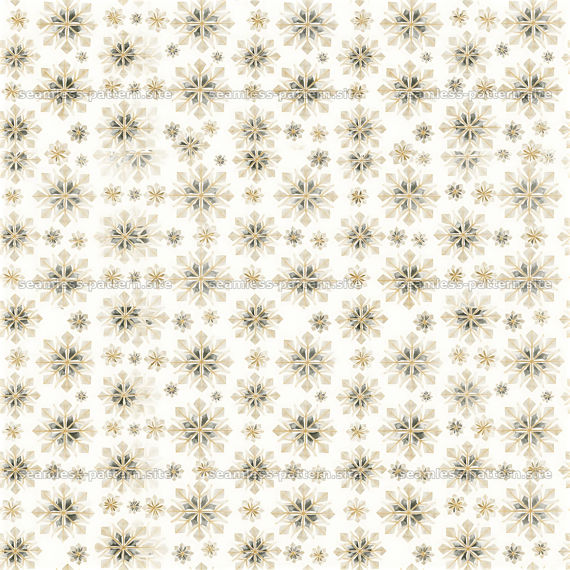 Seamless watercolor snowflake pattern in shades of gold and beige — seamless tileable pattern at 8192x8192