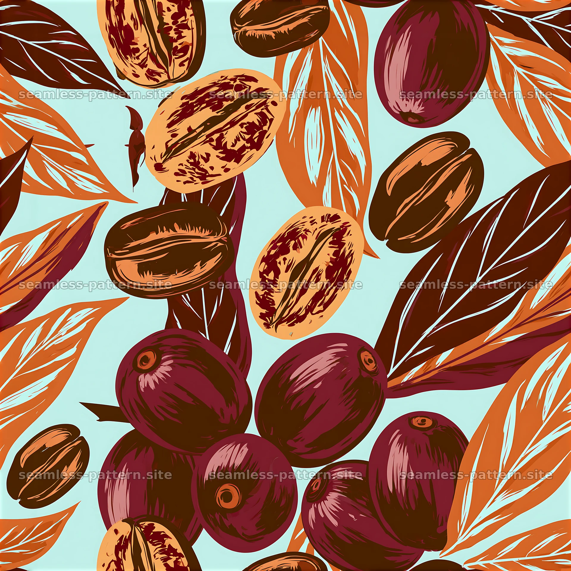 Seamless coffee packaging pattern with coffee beans and leaves — seamless tileable pattern at 8192x8192