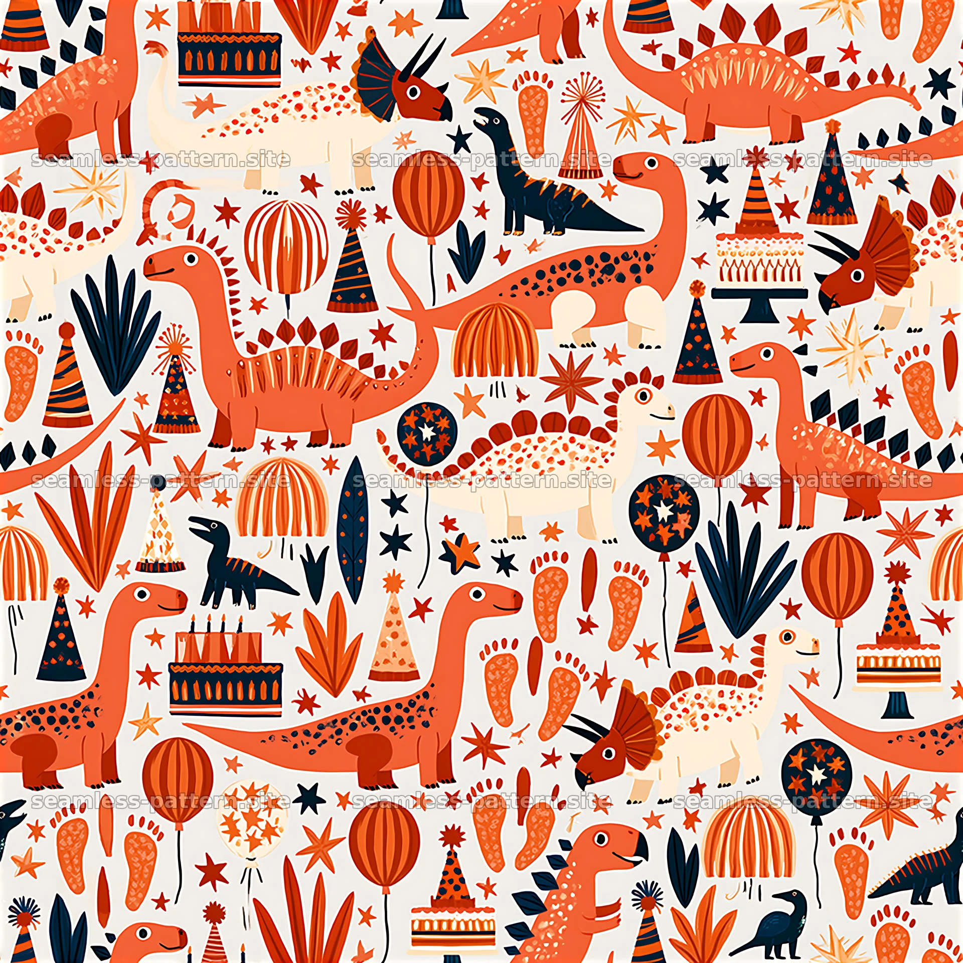 Birthday Dinosaurs Seamless Pattern with Cakes and Balloons — seamless tileable pattern at 8192x8192
