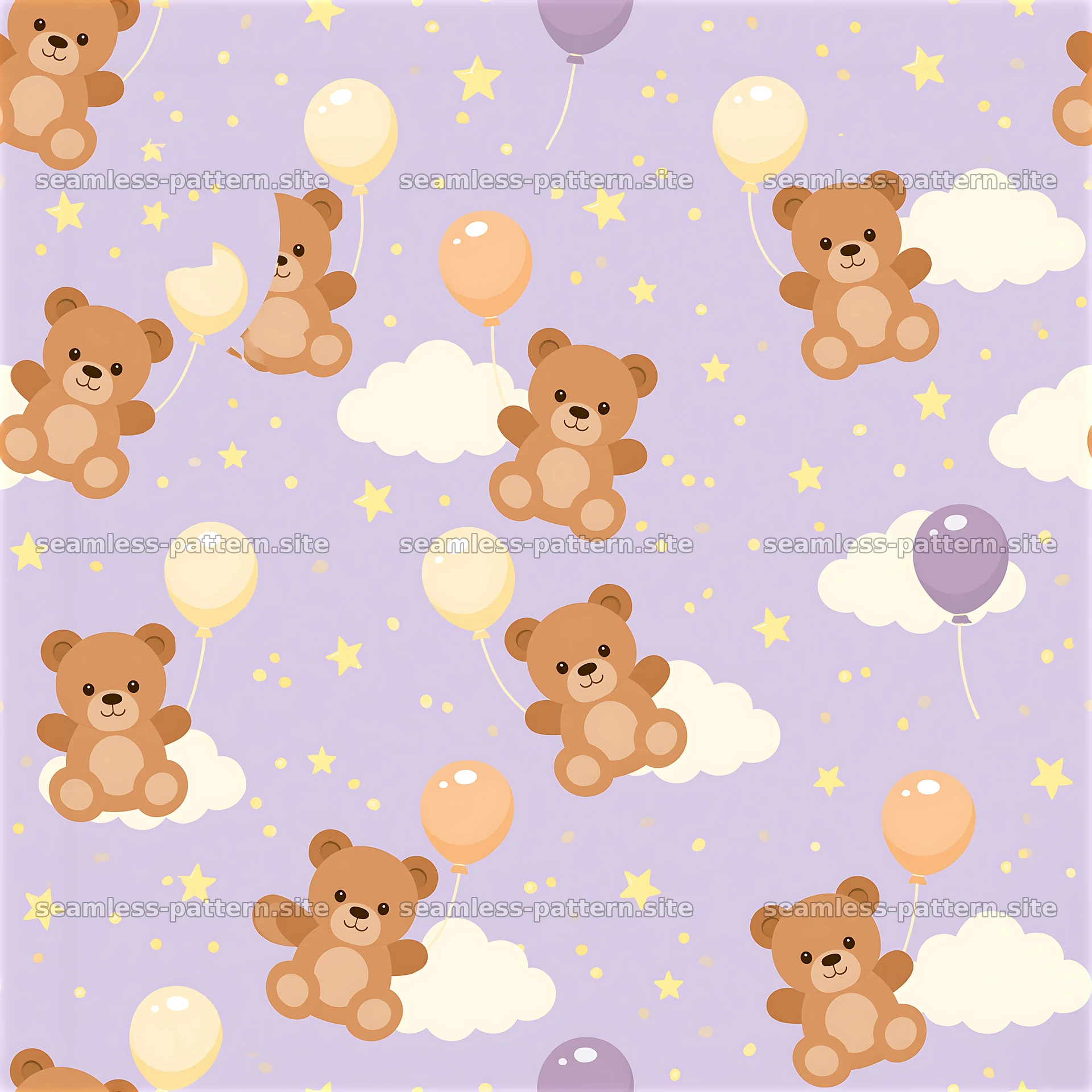 Cute teddy bear seamless pattern with balloons and stars on purple — seamless tileable pattern at 8192x8192