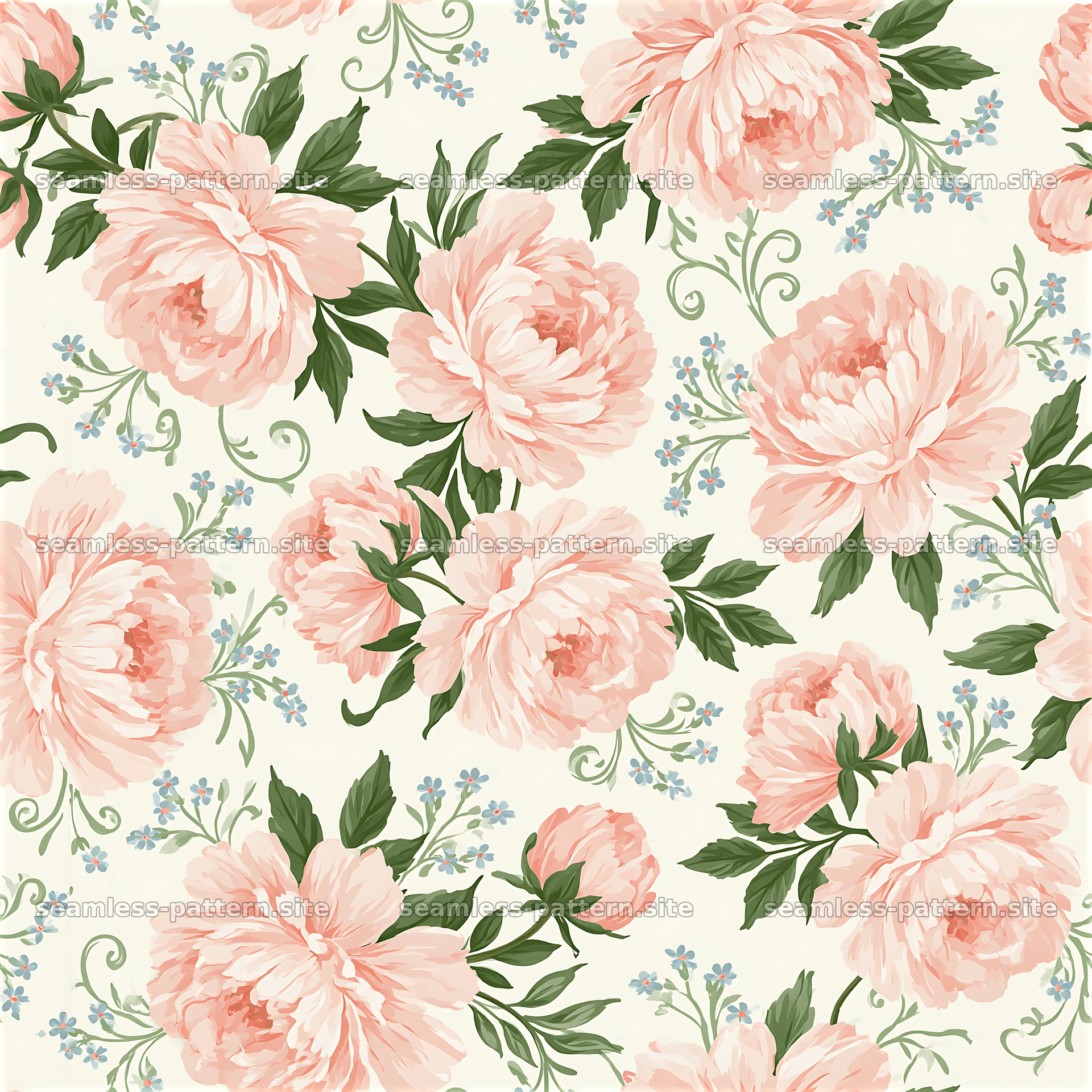 Romantic flower seamless pattern with peonies and green leaves — seamless tileable pattern at 8192x8192
