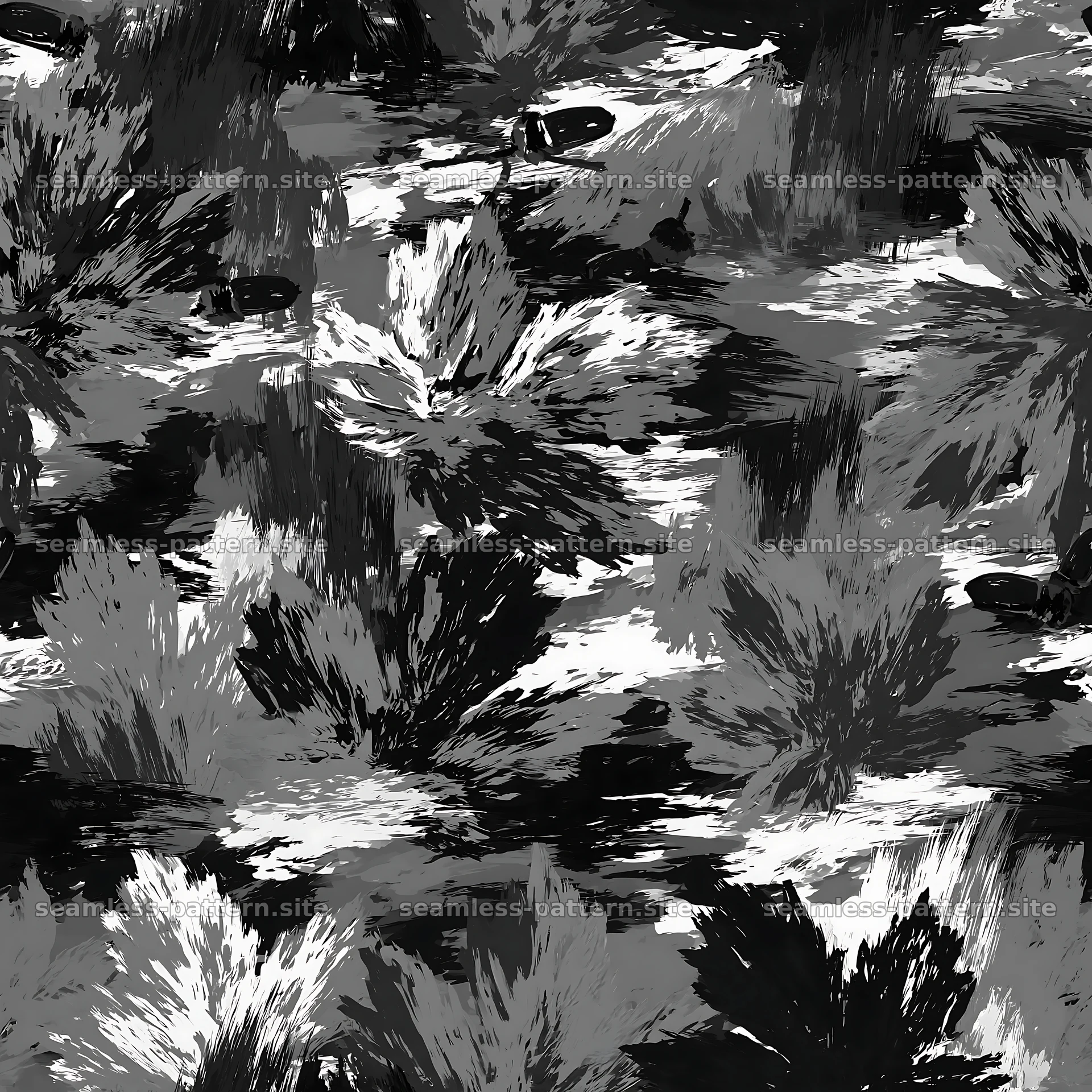 Seamless woodland camouflage brushstroke pattern in black and white — seamless tileable pattern
