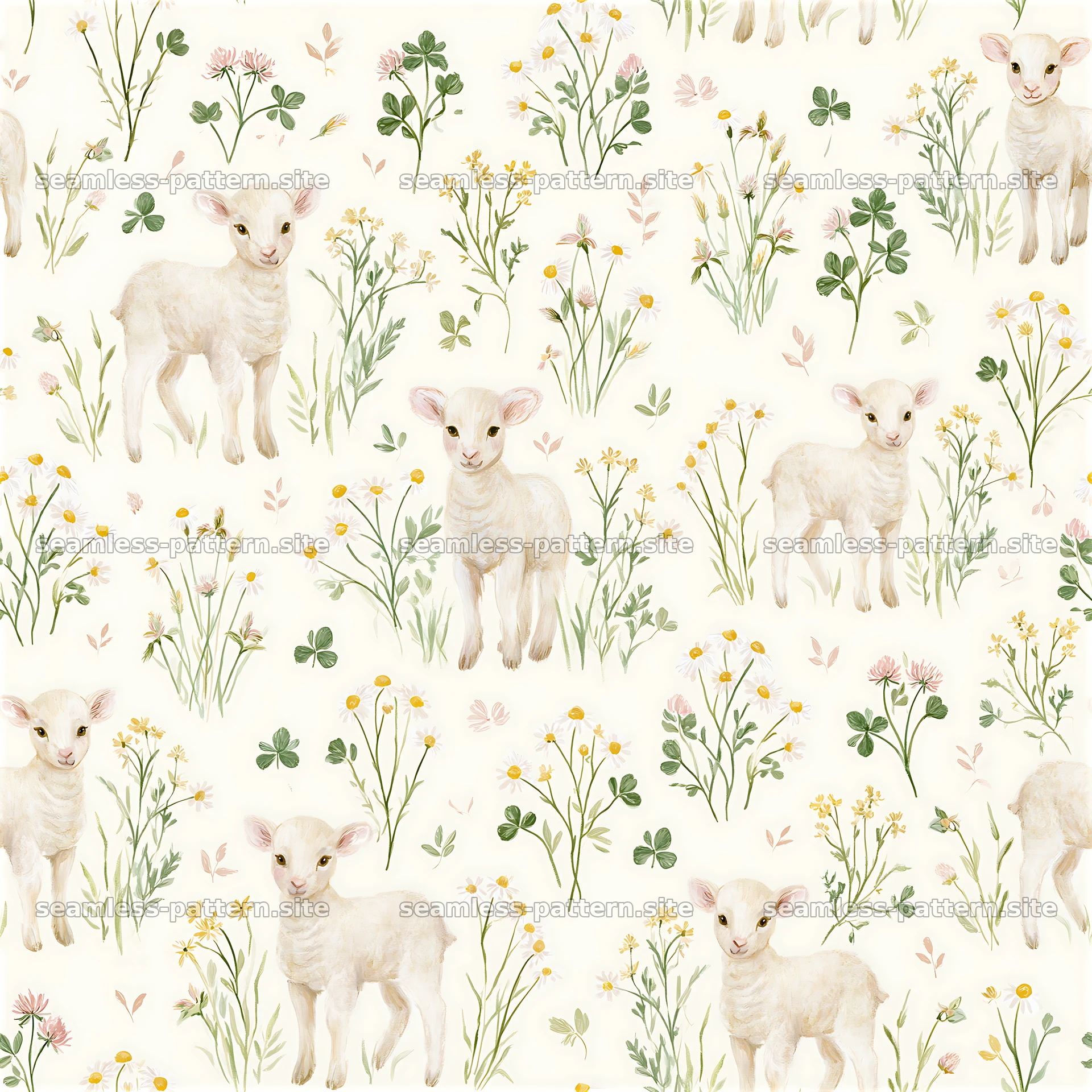 Seamless pattern featuring lambs and gentle botanical elements in — seamless tileable pattern at 8192x8192