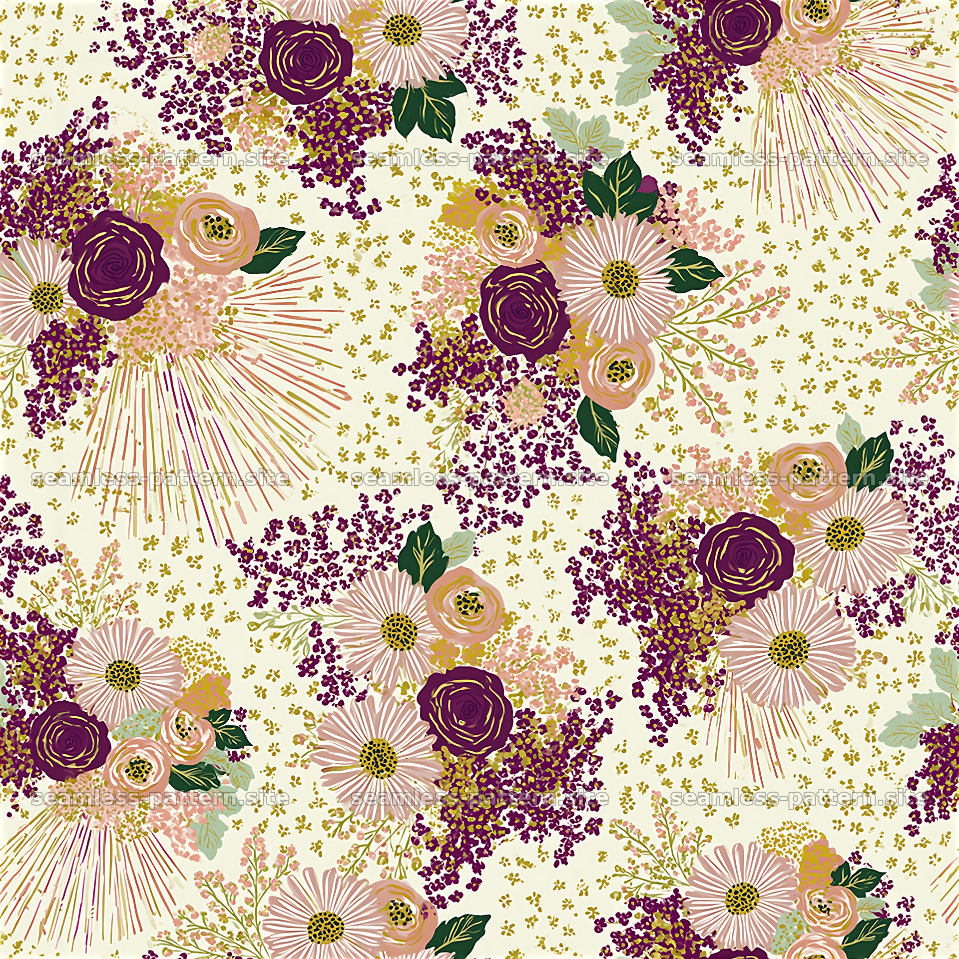 Floral design with purple and pink flowers in a seamless pattern — seamless tileable pattern at 8192x8192