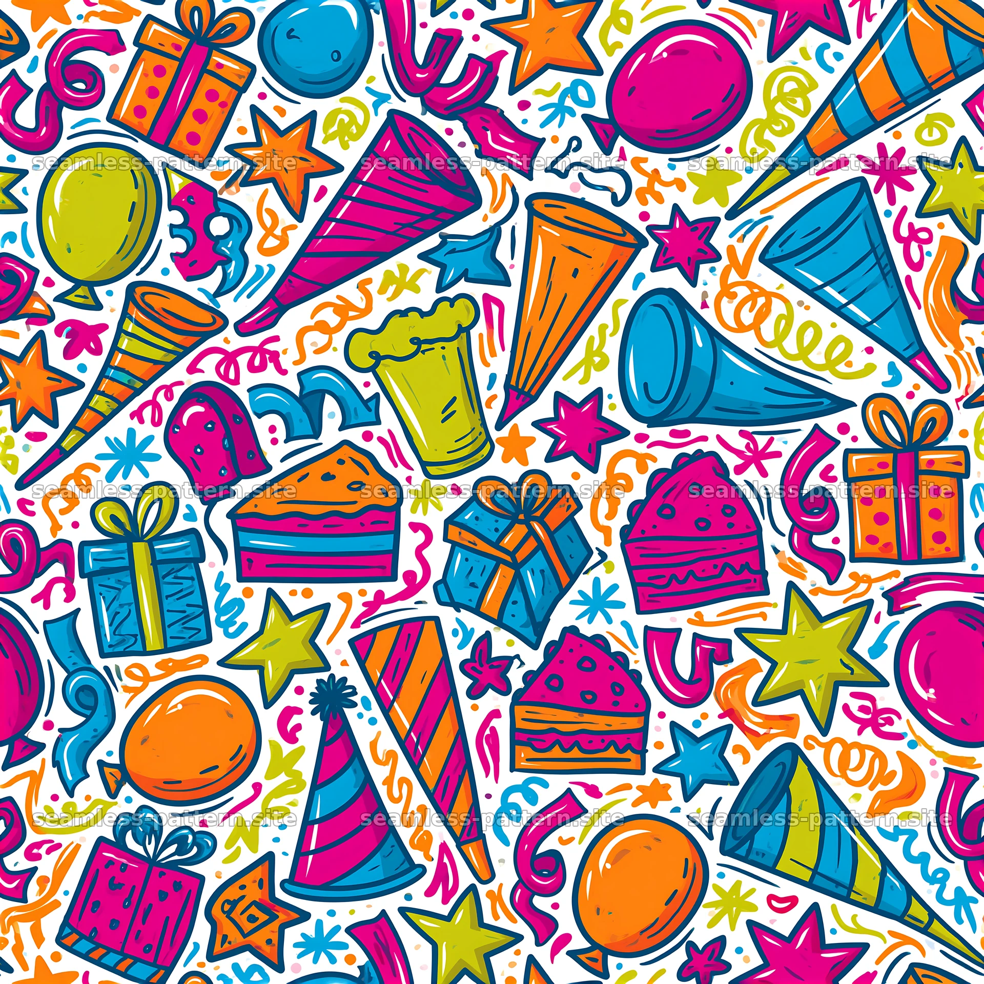 Birthday doodle seamless pattern with colorful party elements — seamless tileable pattern at 8192x8192