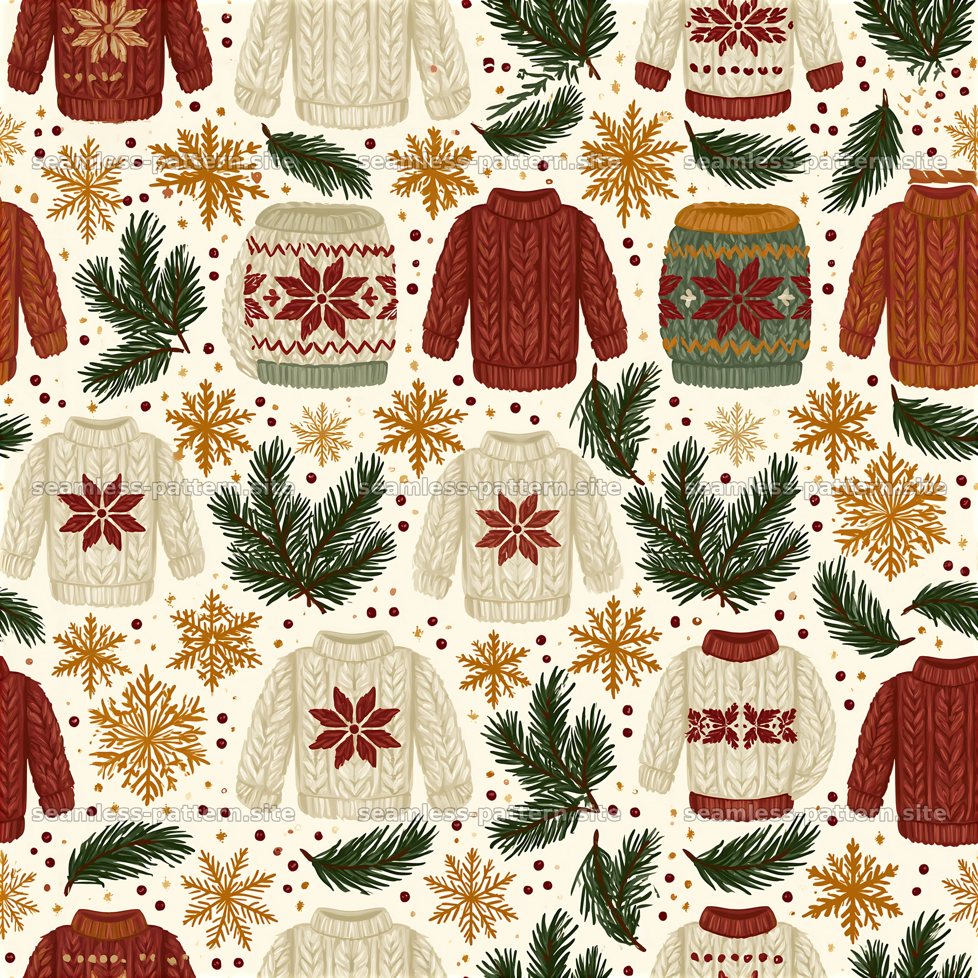 Rustic knit sweaters and festive motifs in seamless design — seamless tileable pattern at 8192x8192