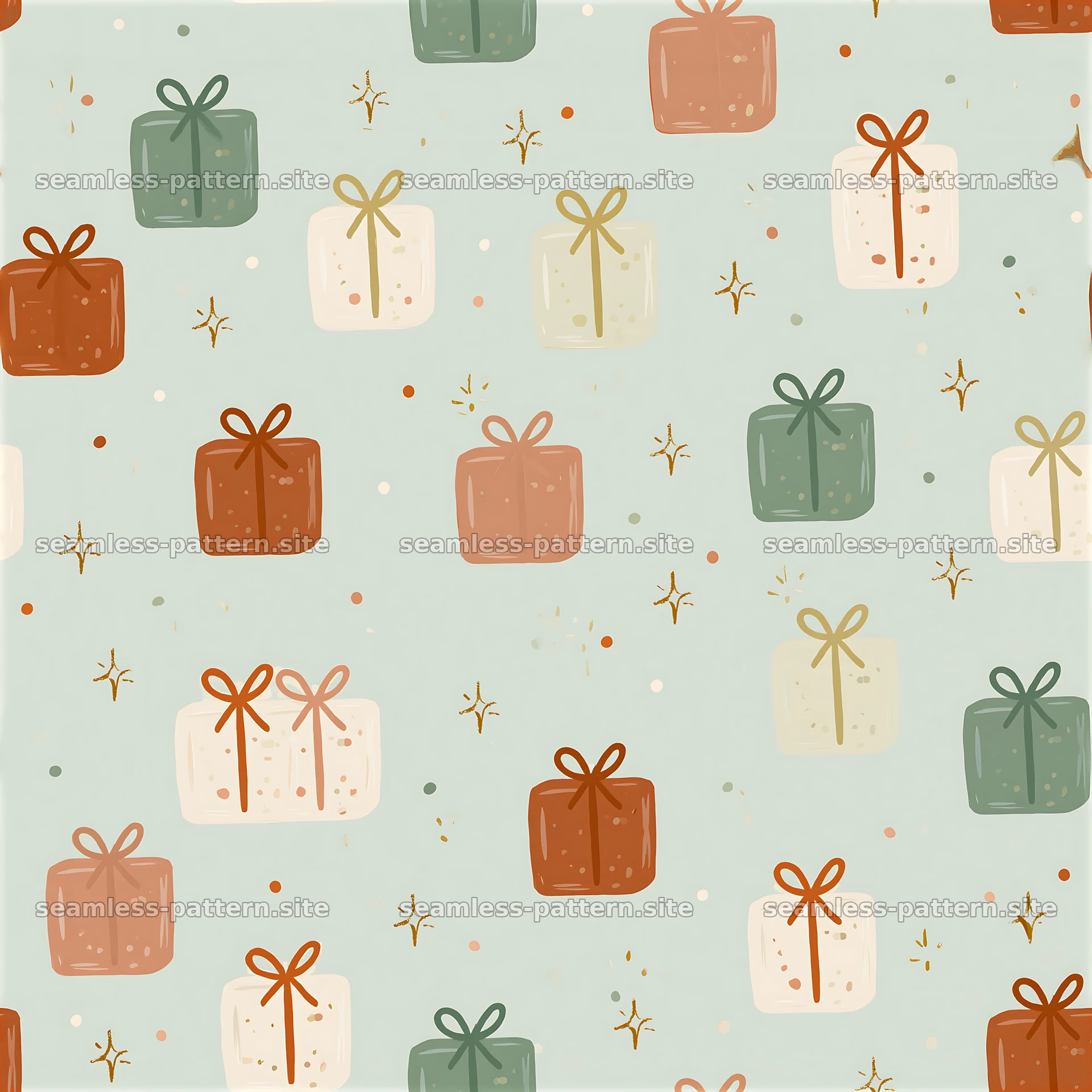 Colorful seamless pattern with gift boxes and stars — seamless tileable pattern at 8192x8192