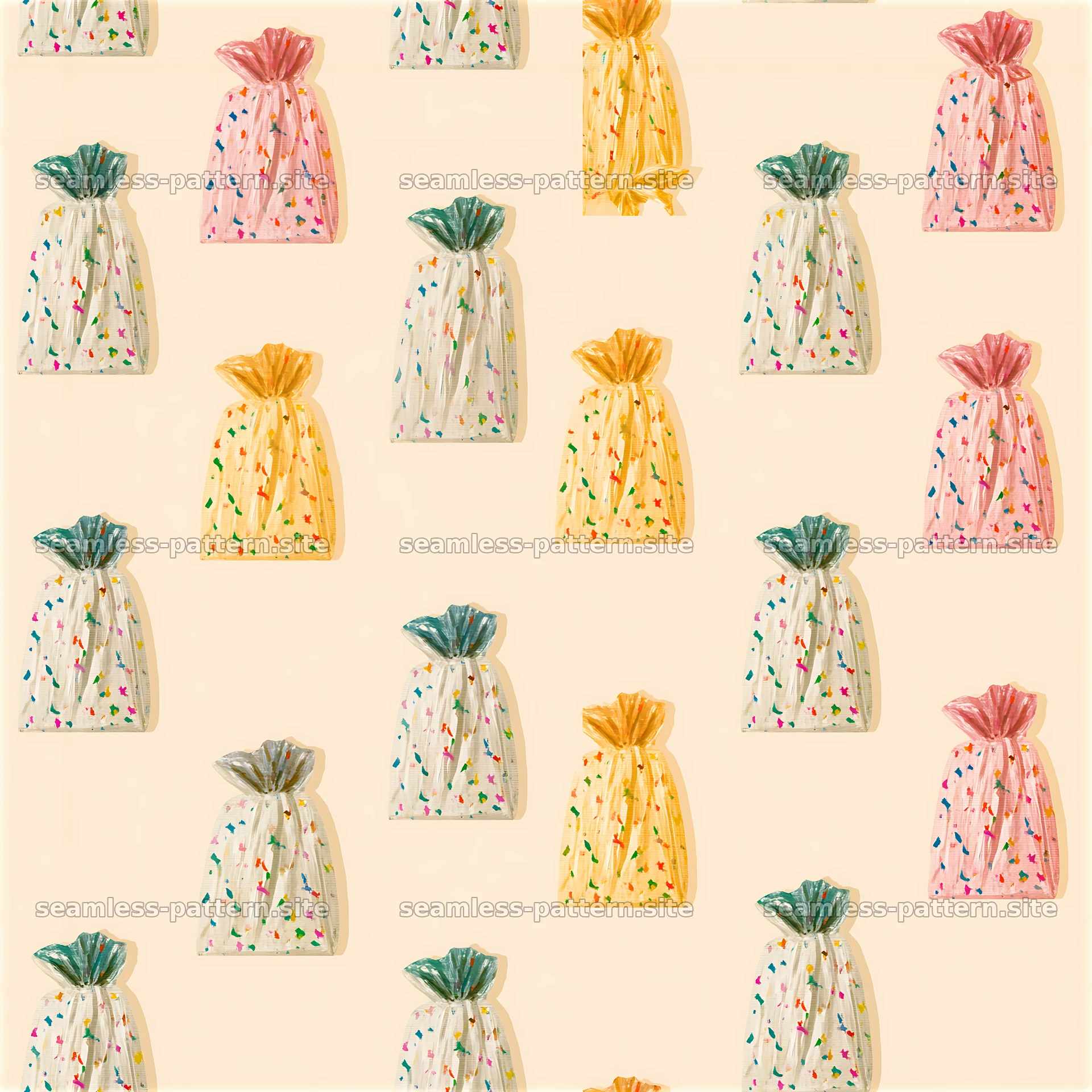 Colorful bags in a repeating pattern on a light background — seamless tileable pattern at 8192x8192