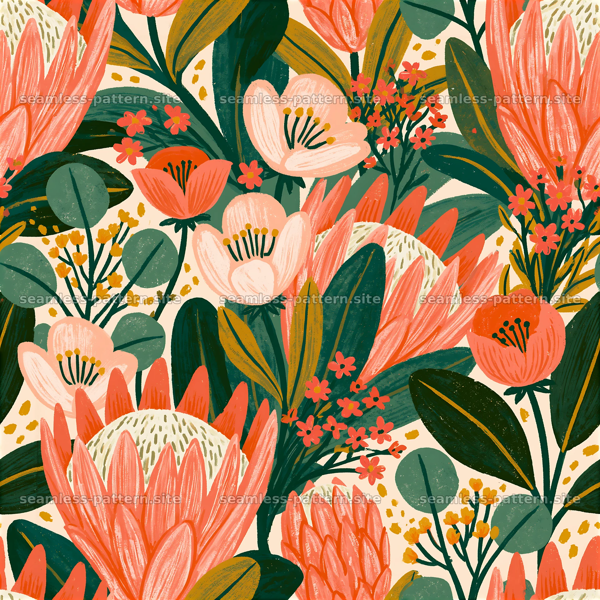 Bold floral seamless pattern with bright flowers and green leaves — seamless tileable pattern at 8192x8192