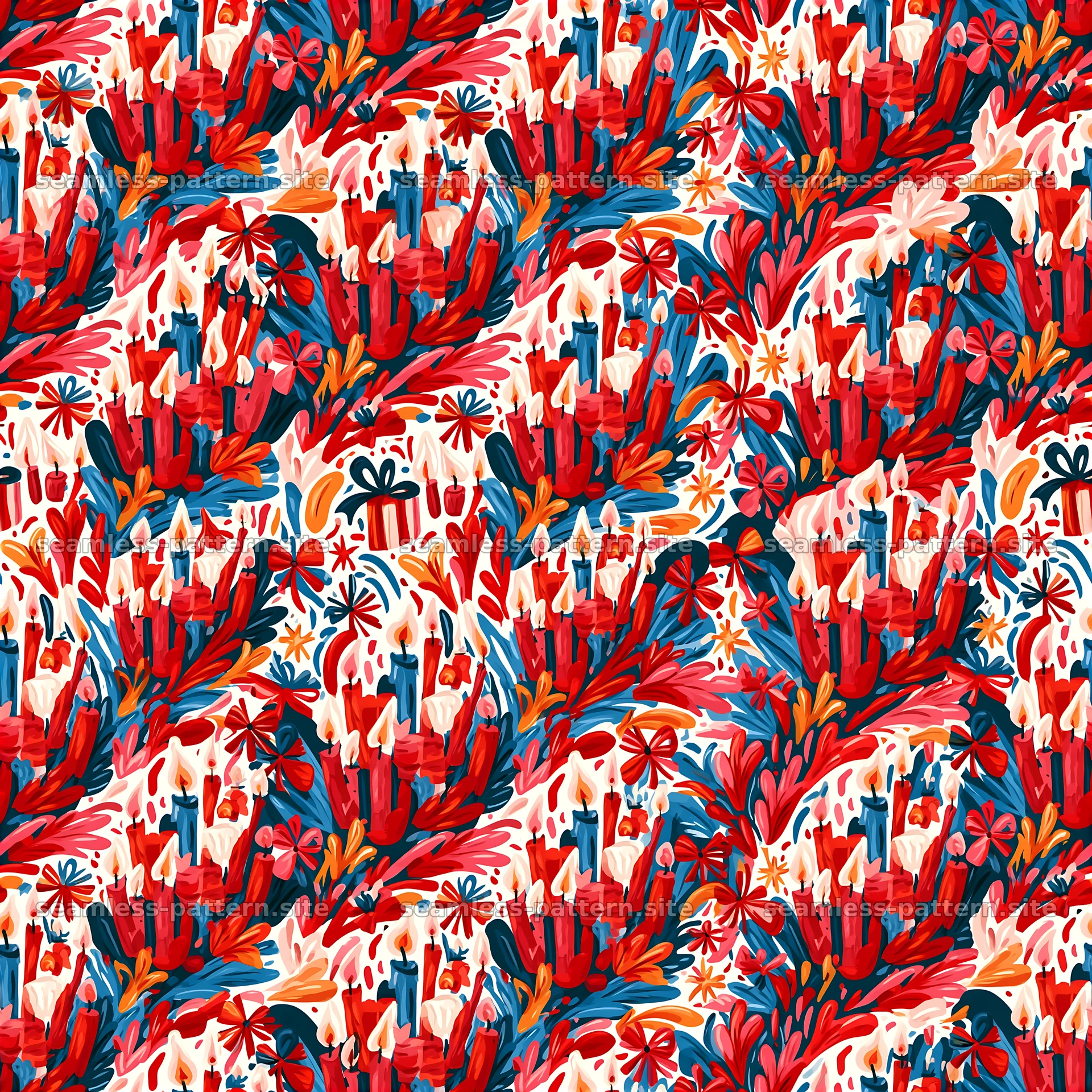 Colorful floral design with candles and gifts for celebrations — seamless tileable pattern at 8192x8192