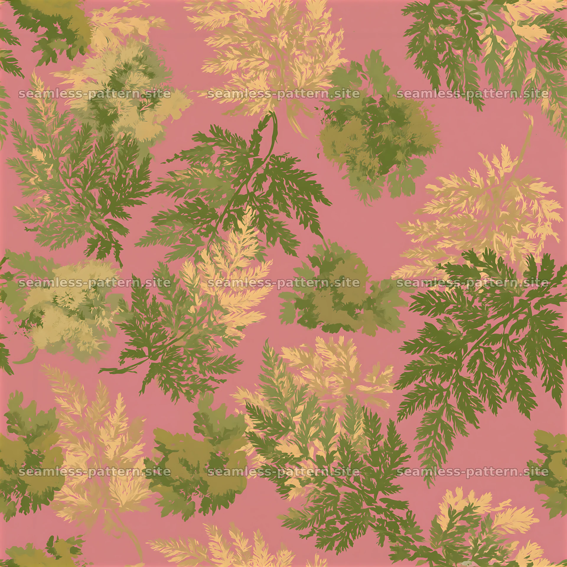 Green fern camouflage seamless pattern with pink background — seamless tileable pattern at 8192x8192