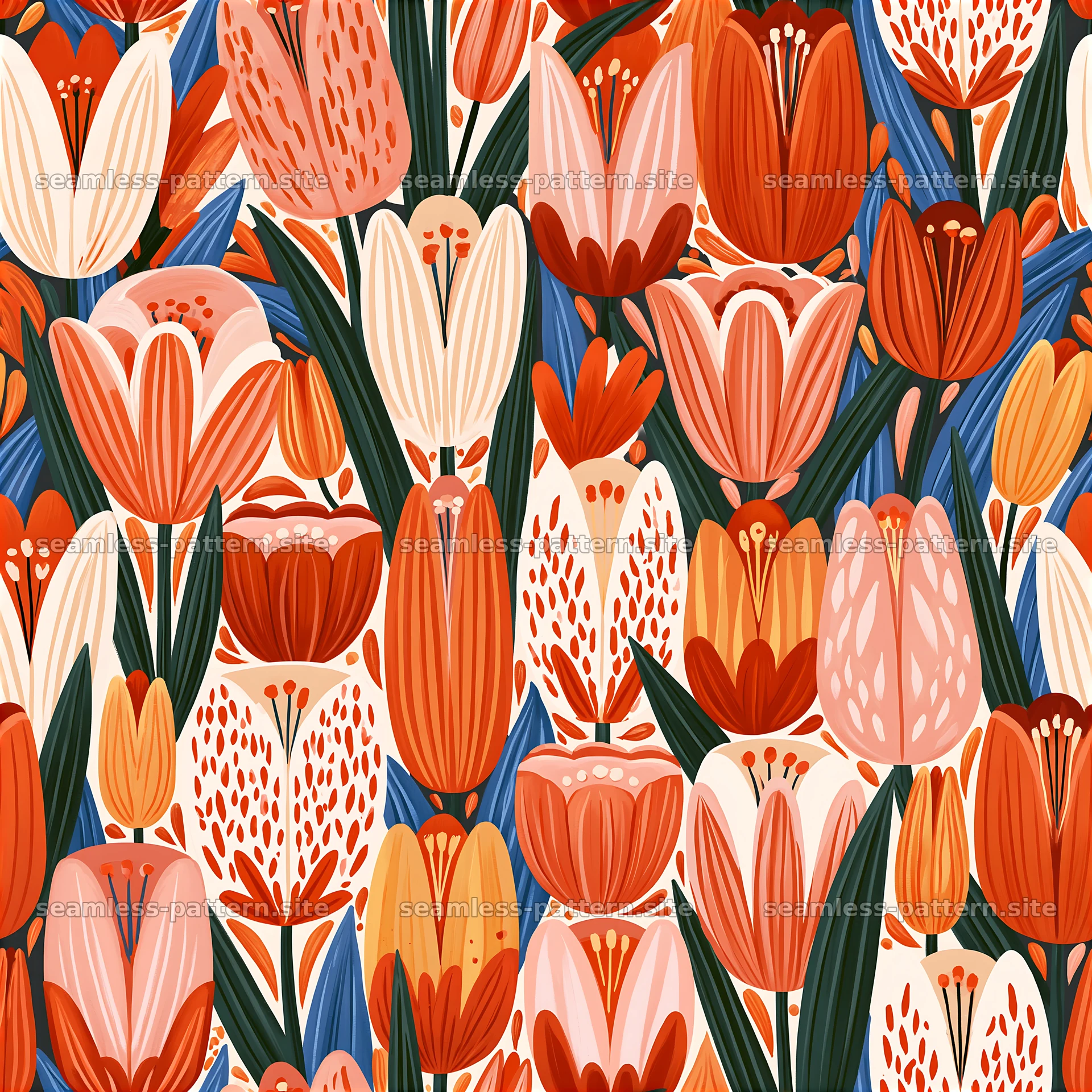 Colorful Tulip Seamless Pattern with Bold Floral Blooms — seamless tileable pattern at 8192x8192