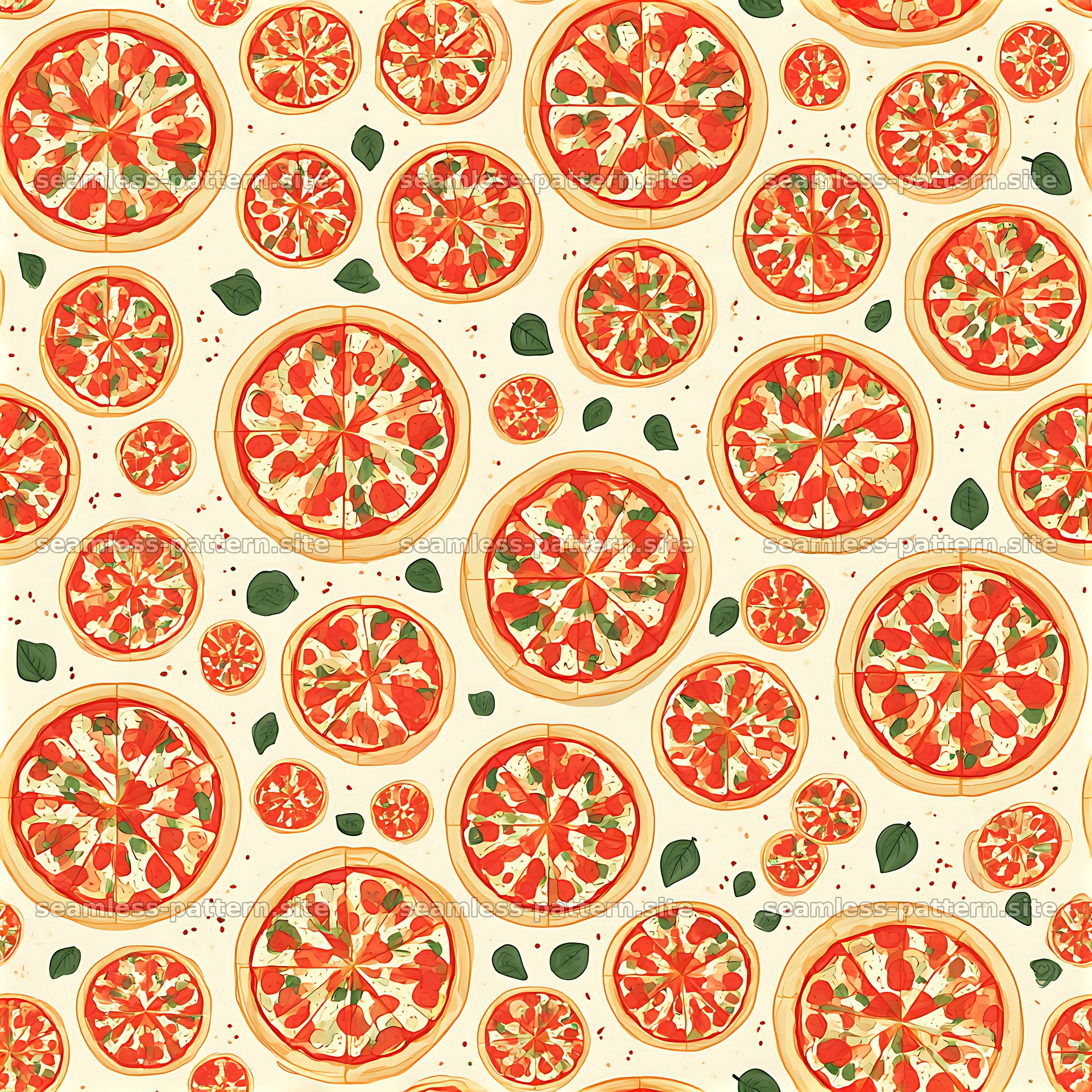 Seamless pizza tray pattern featuring various pizza designs with toppings — seamless tileable pattern at 8192x8192