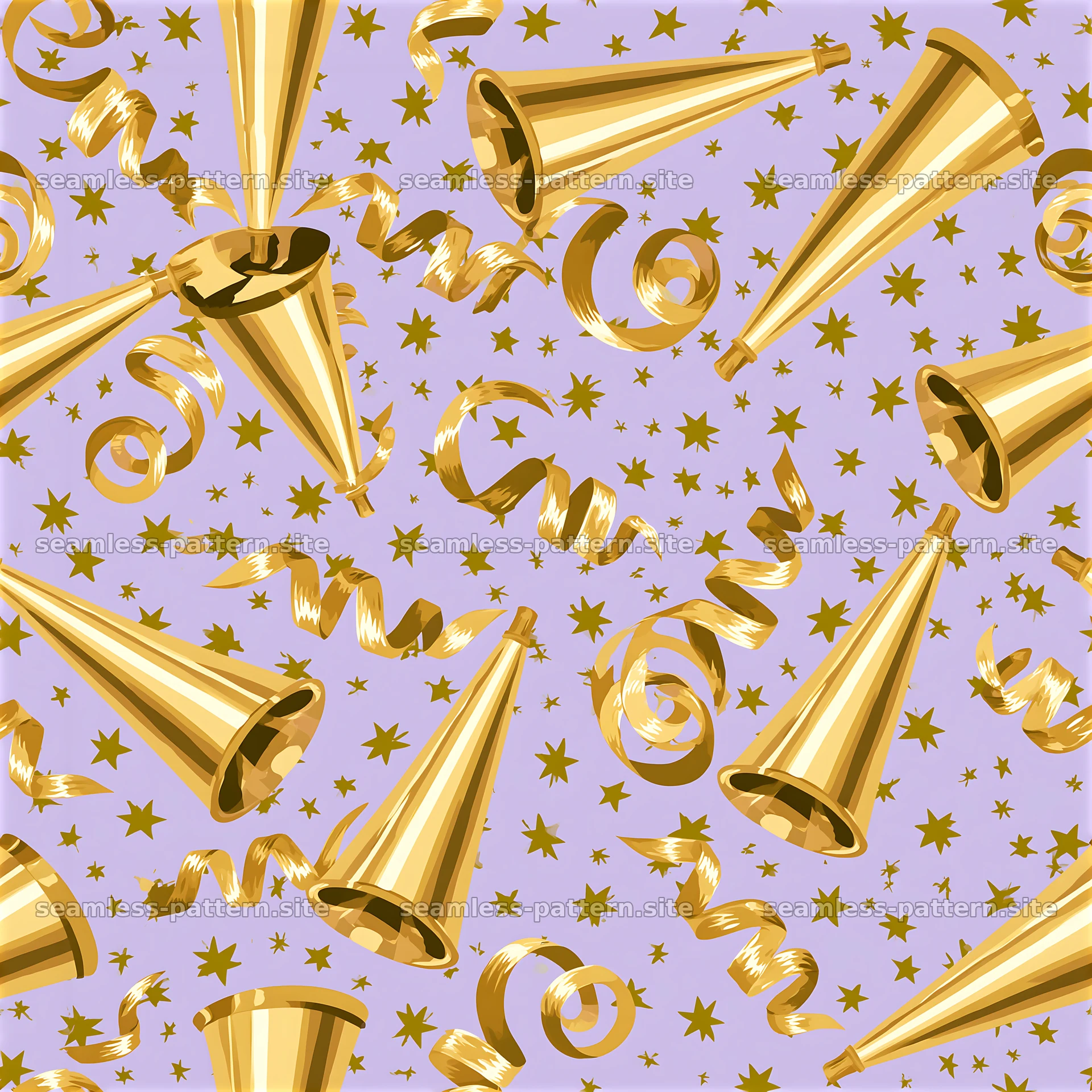 Elegant Gold Party Horns and Streamers Seamless Pattern — seamless tileable pattern at 8192x8192