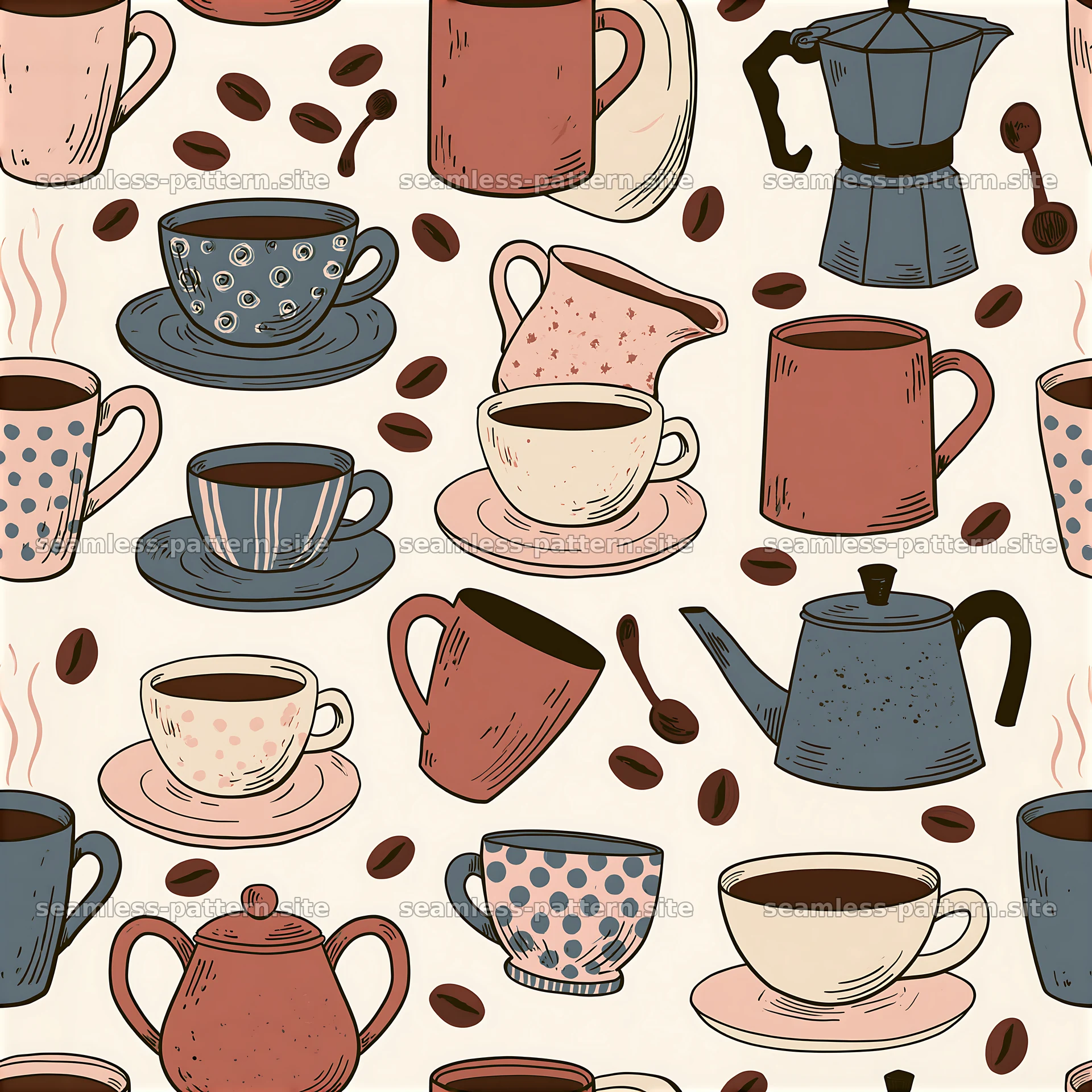 Seamless coffee kitchen pattern with mugs, pots, and coffee beans — seamless tileable pattern at 8192x8192