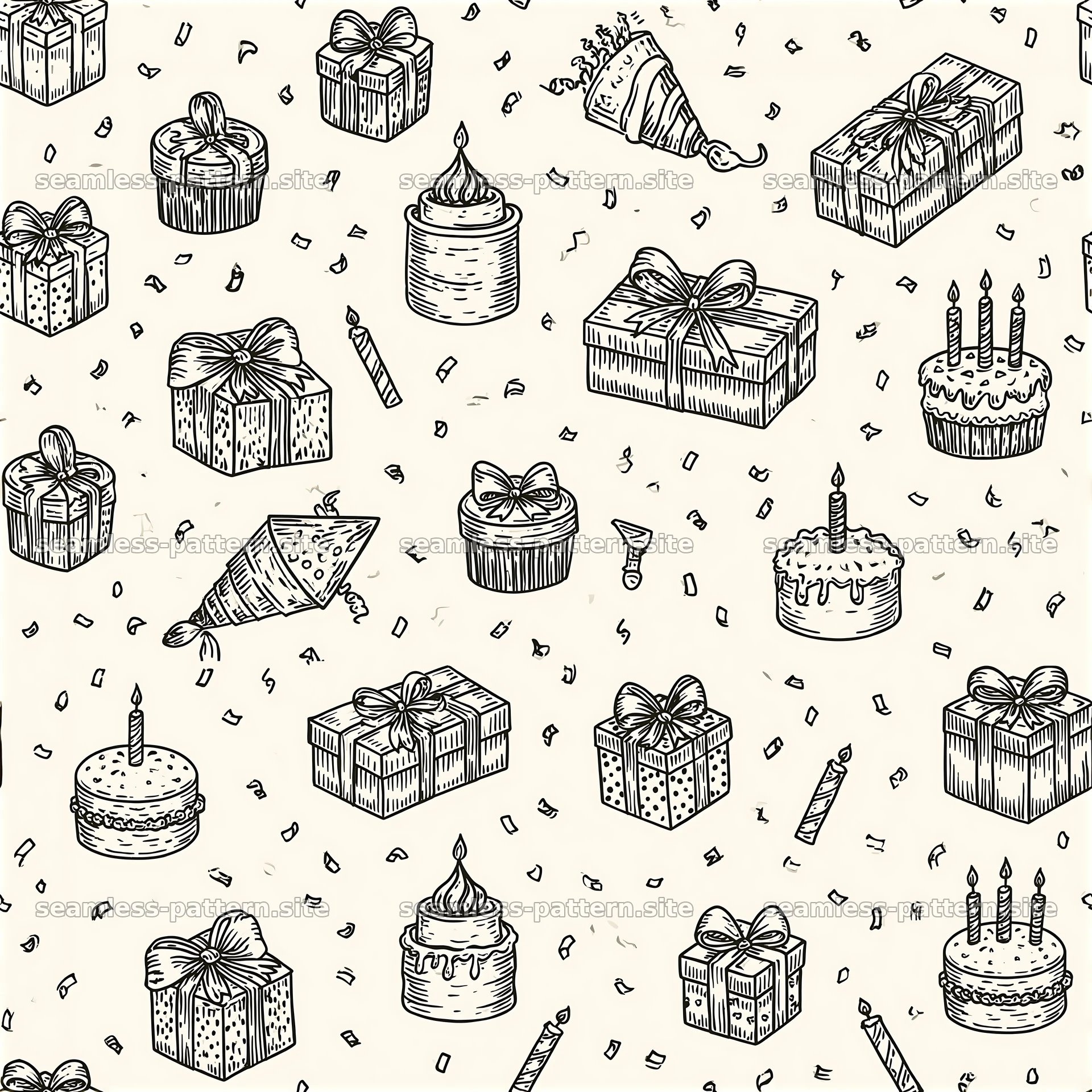 Birthday themed seamless pattern with cakes and gifts — seamless tileable pattern at 8192x8192