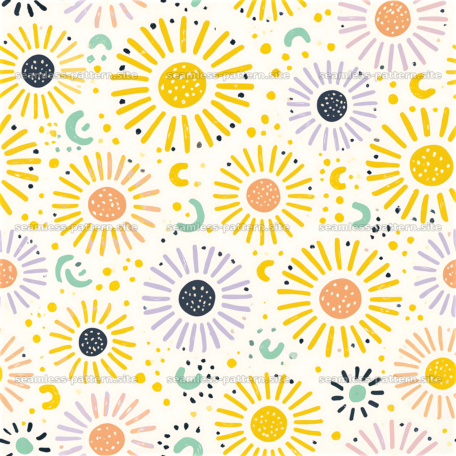 Funky sun motif seamless pattern with bright colors and shapes — seamless tileable pattern at 8192x8192