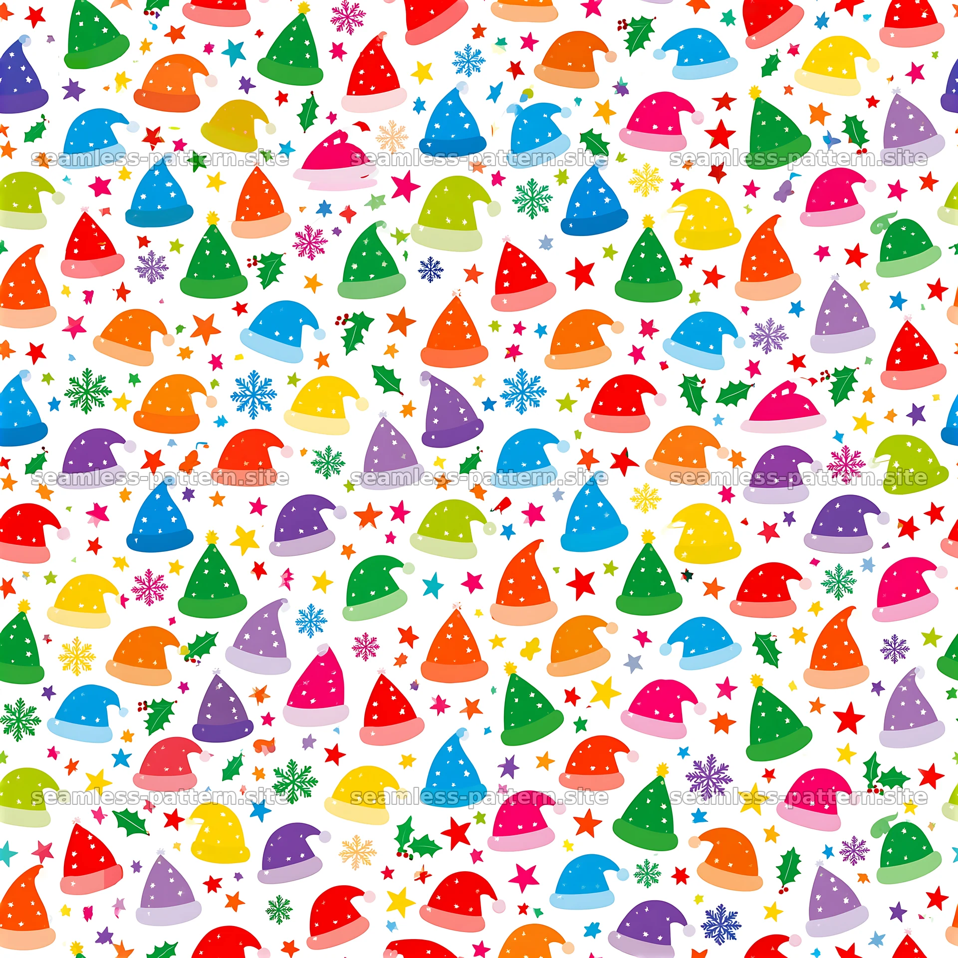 Colorful Christmas seamless pattern with Santa hats and festive motifs — seamless tileable pattern at 8192x8192