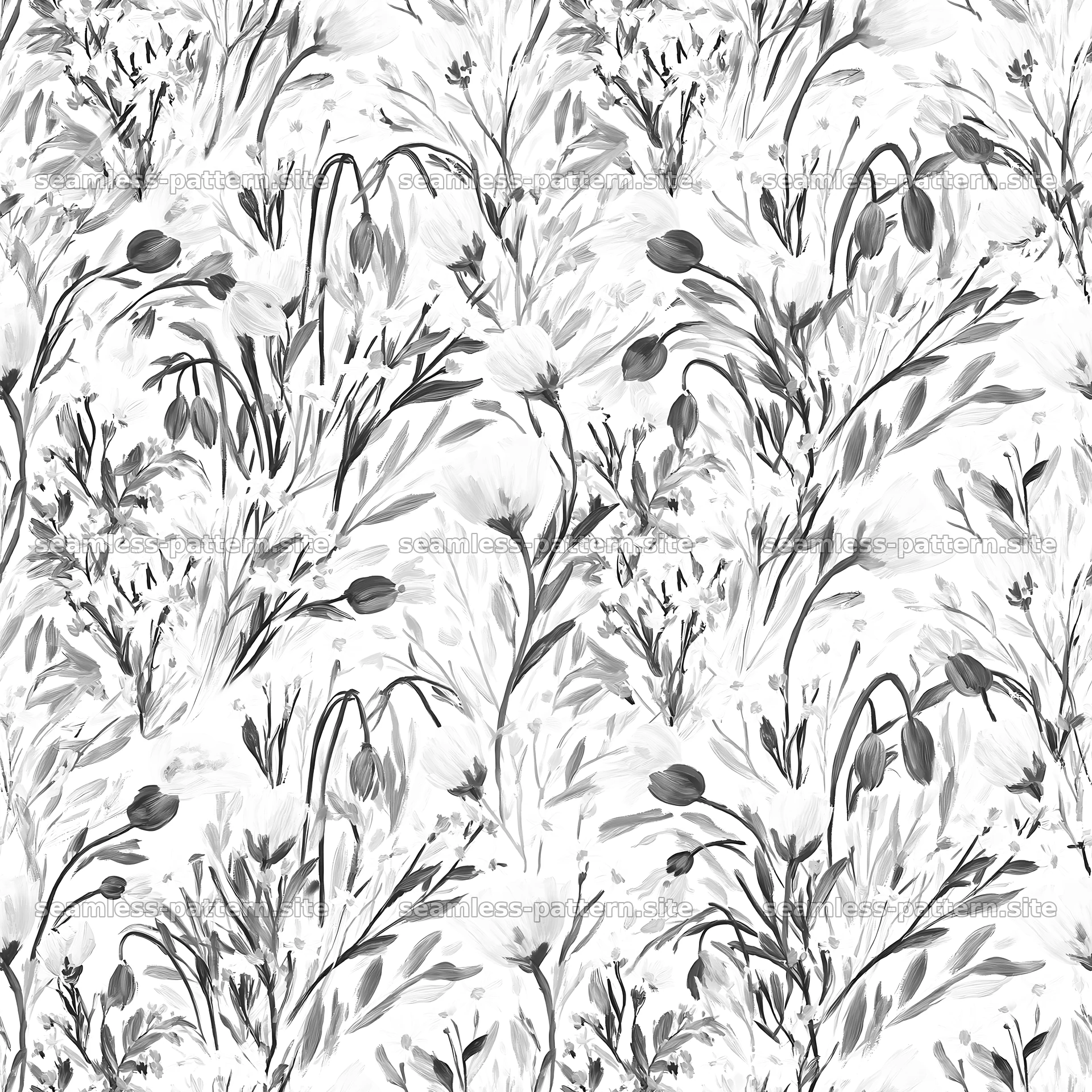 Wildflower brushstroke pattern in black and white for textiles — seamless tileable pattern