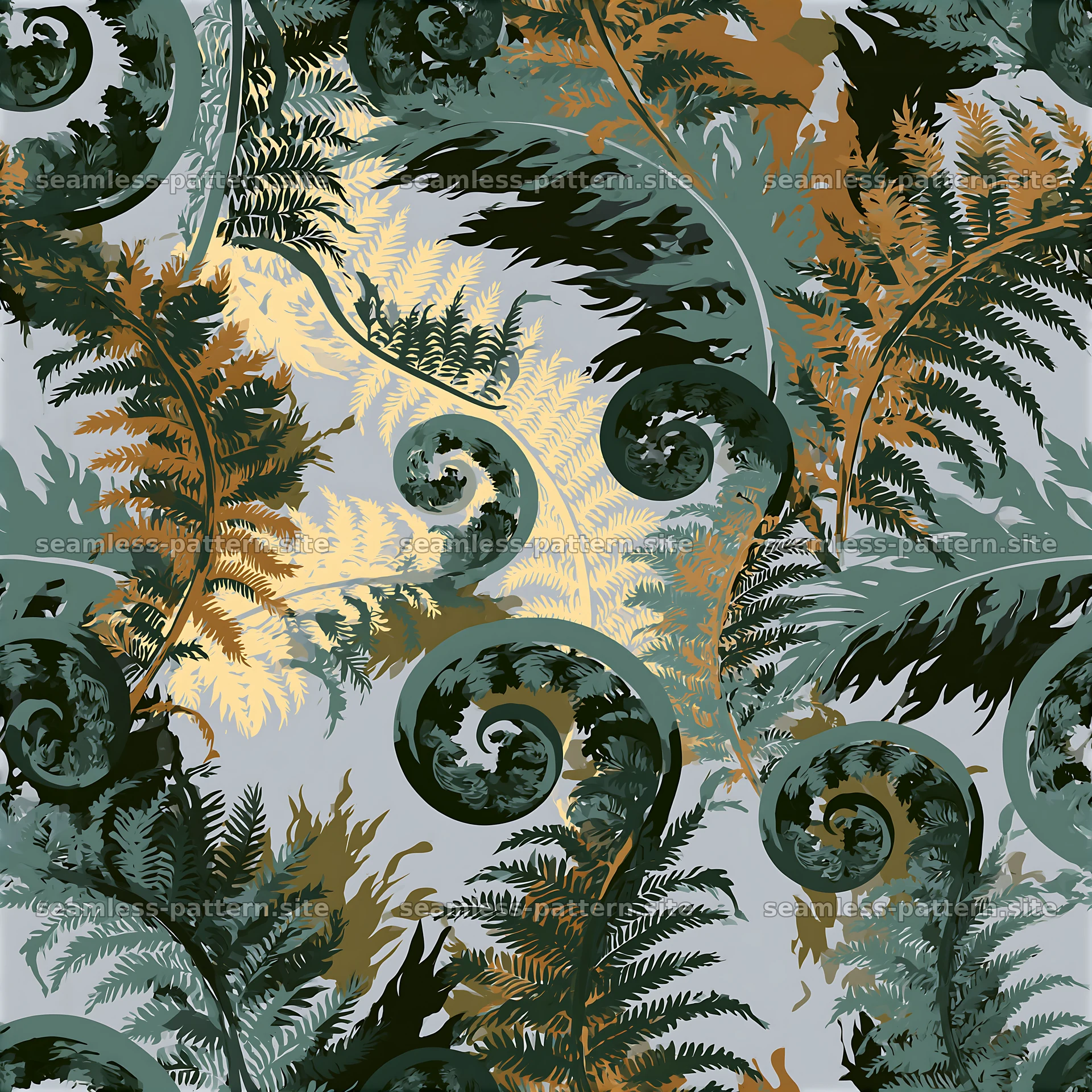 Repeat fern camouflage pattern with swirling ferns in green and brown — seamless tileable pattern at 8192x8192