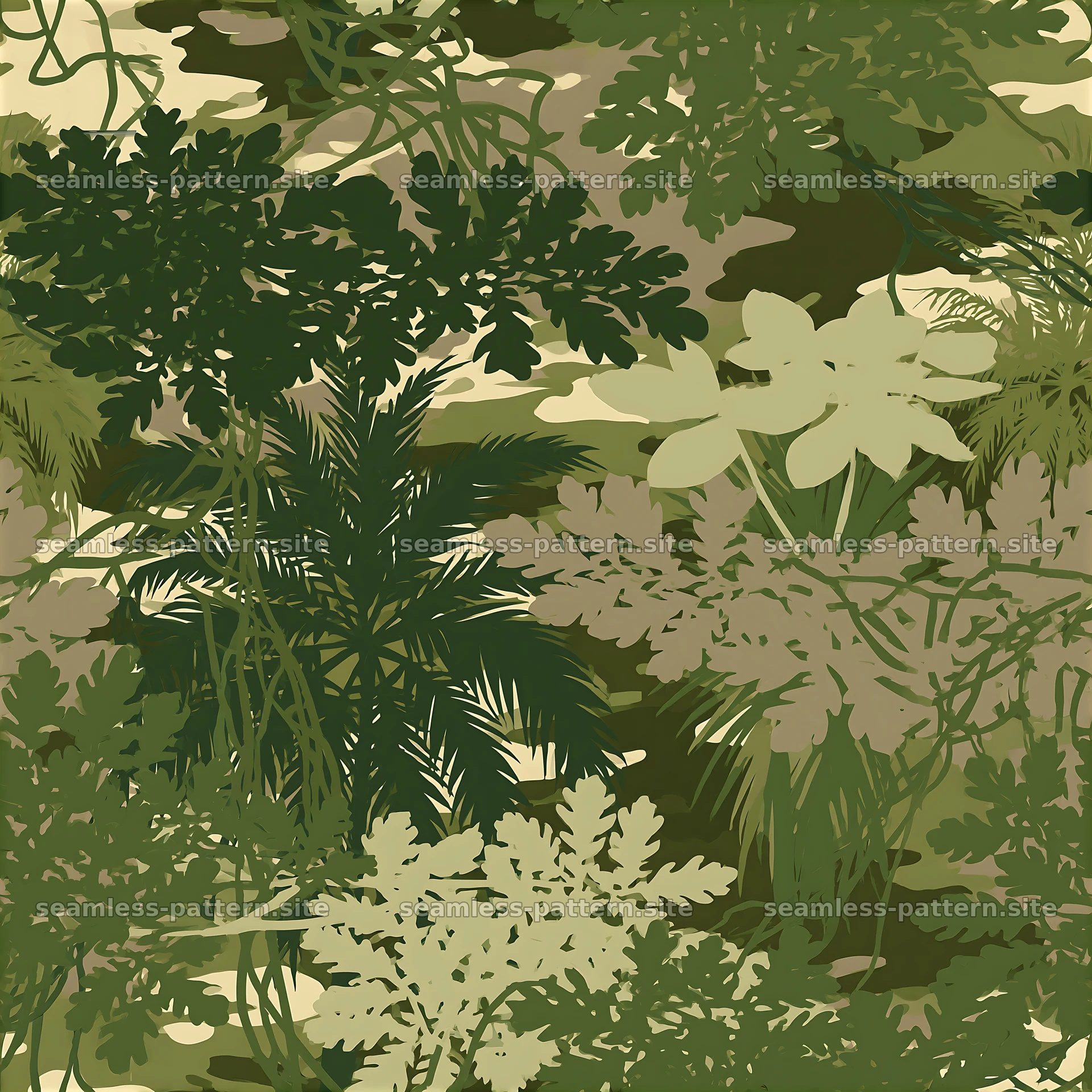 Seamless camouflage pattern with jungle foliage silhouettes — seamless tileable pattern at 8192x8192