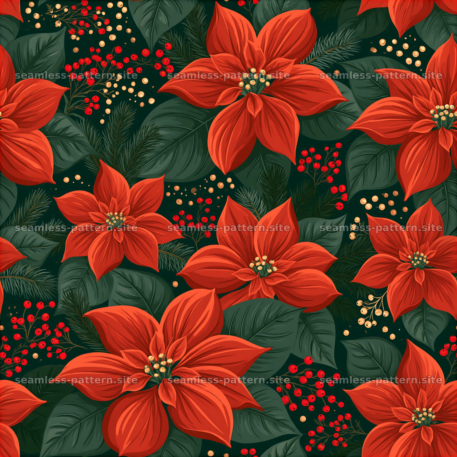 Seamless Christmas card pattern with red flowers and green leaves — seamless tileable pattern at 8192x8192