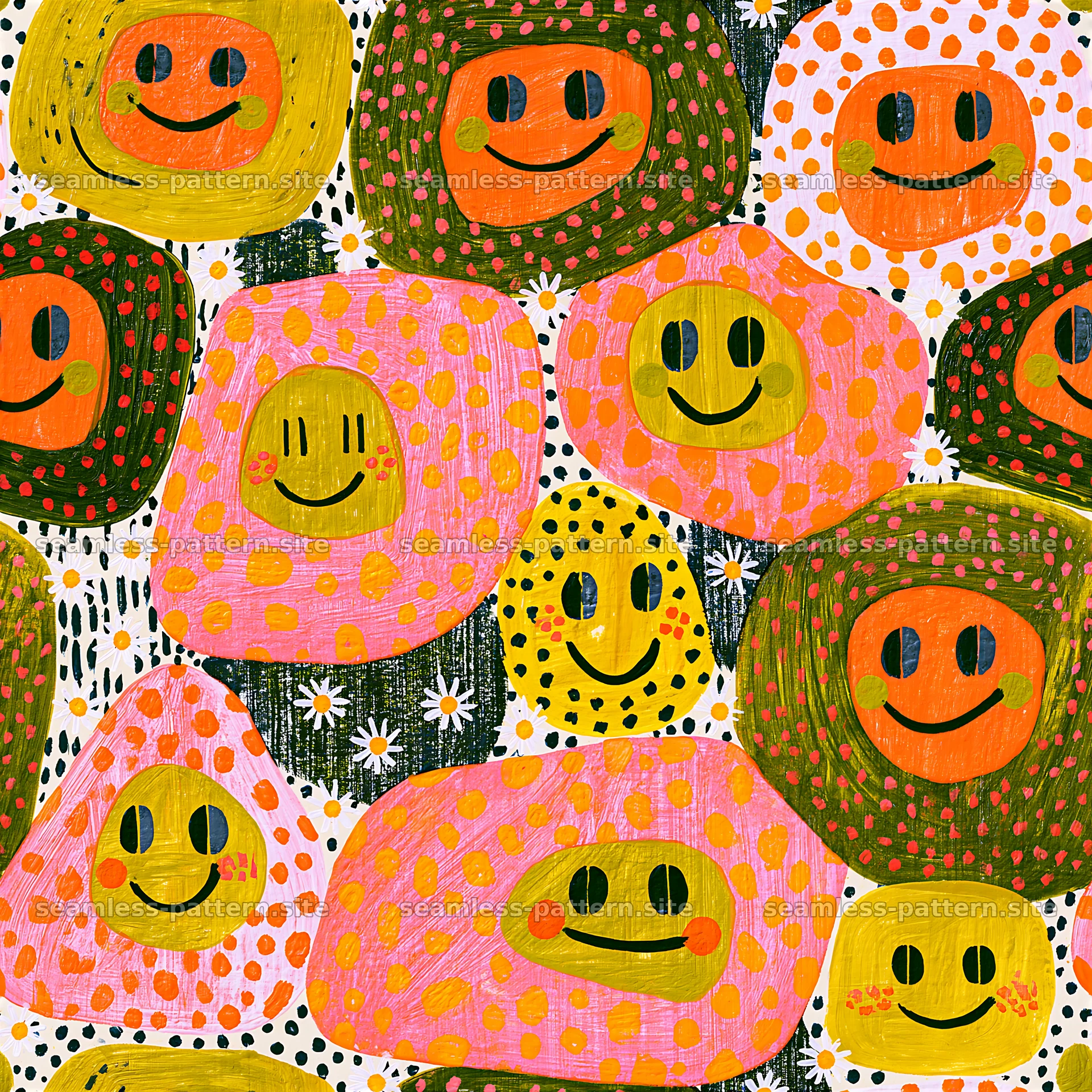 Funky Smiley Seamless Pattern with Colorful Hand Painted Faces — seamless tileable pattern at 8192x8192