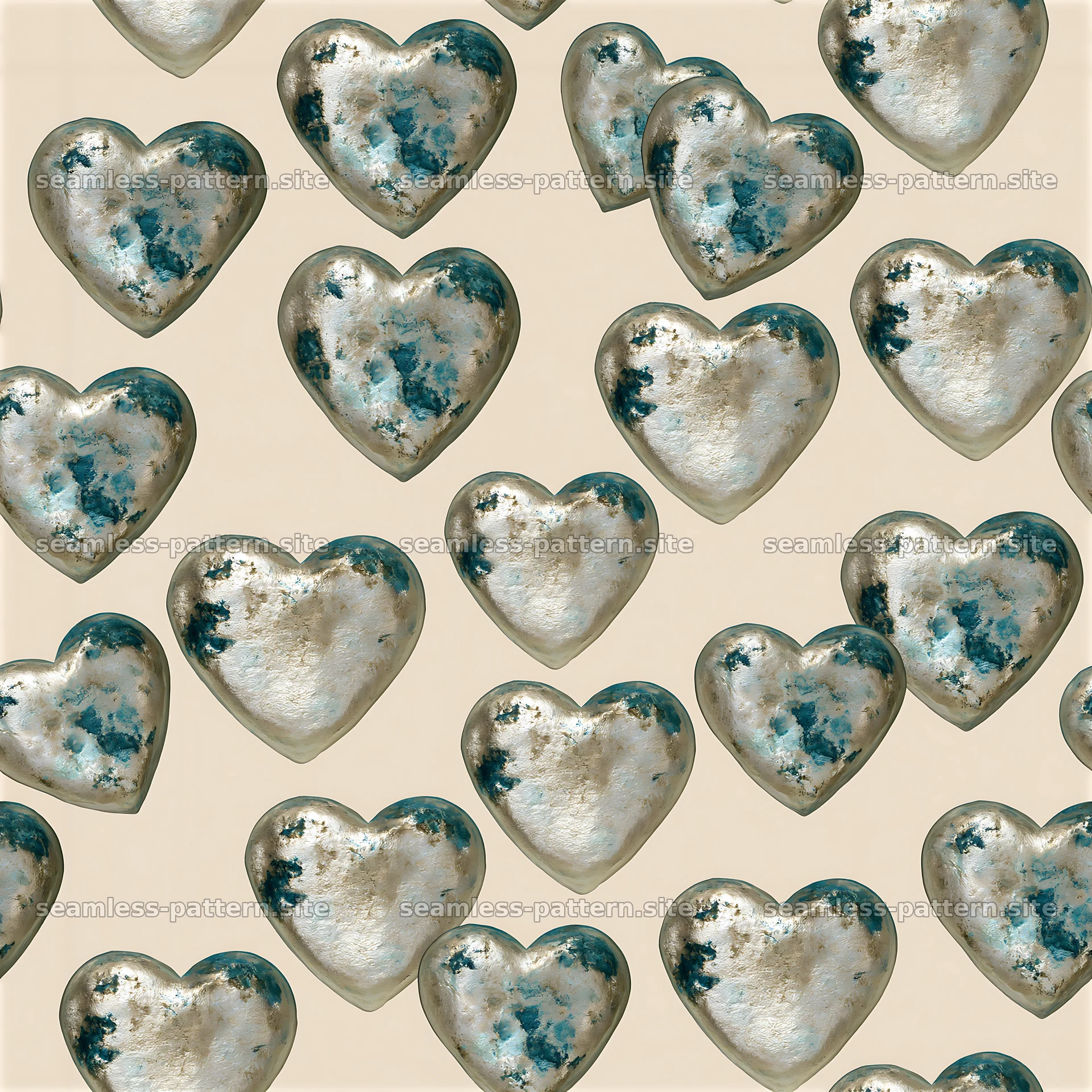 Seamless metallic heart pattern with varied surface textures and colors — seamless tileable pattern at 8192x8192