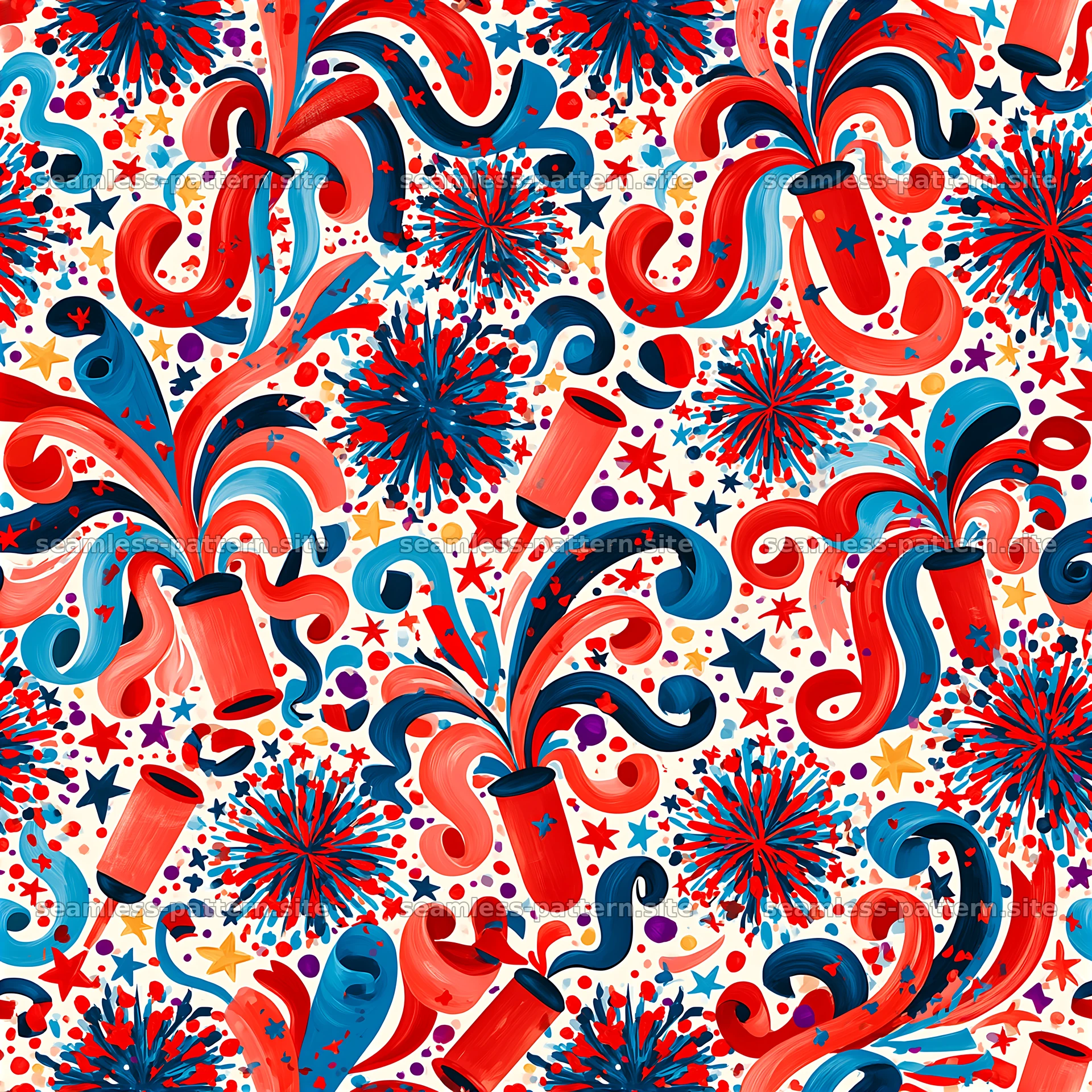 Colorful birthday fireworks and streamers seamless pattern — seamless tileable pattern at 8192x8192