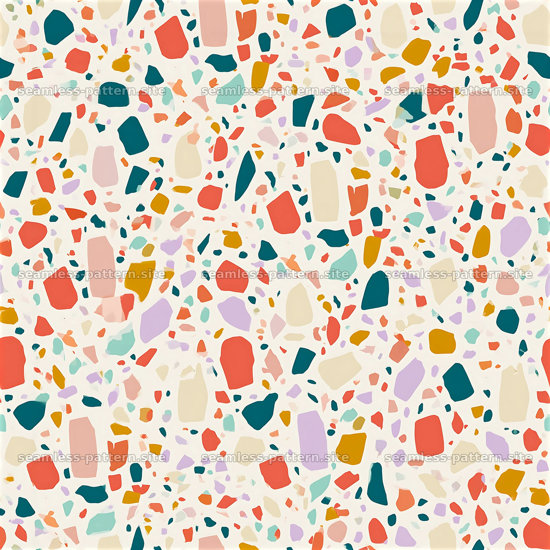 Colorful terrazzo pattern with various shapes on light background — seamless tileable pattern at 8192x8192