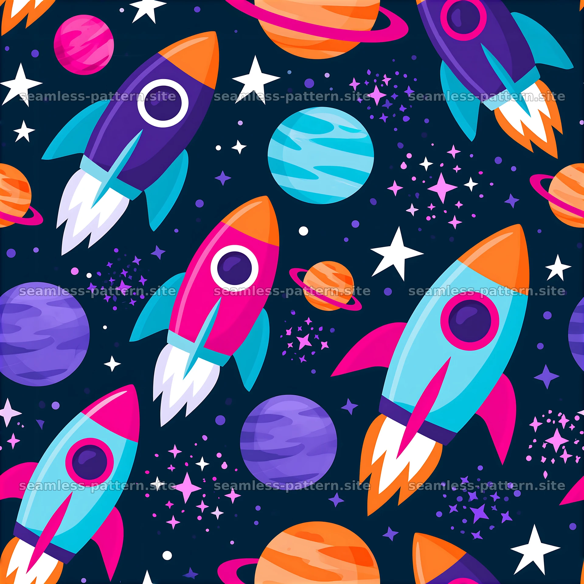 Colorful Rocket Ships and Planets Space Seamless Pattern — seamless tileable pattern at 8192x8192