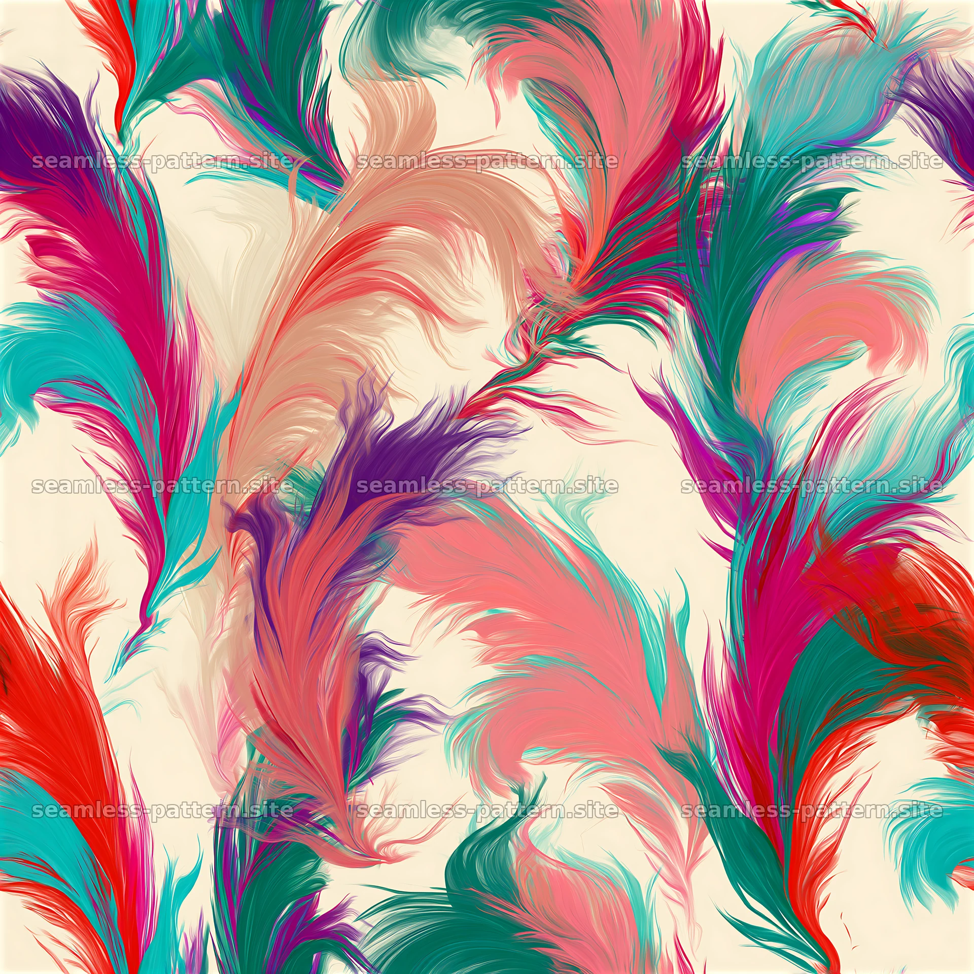 Vibrant abstract feathers seamless pattern in bright colors — seamless tileable pattern at 8192x8192